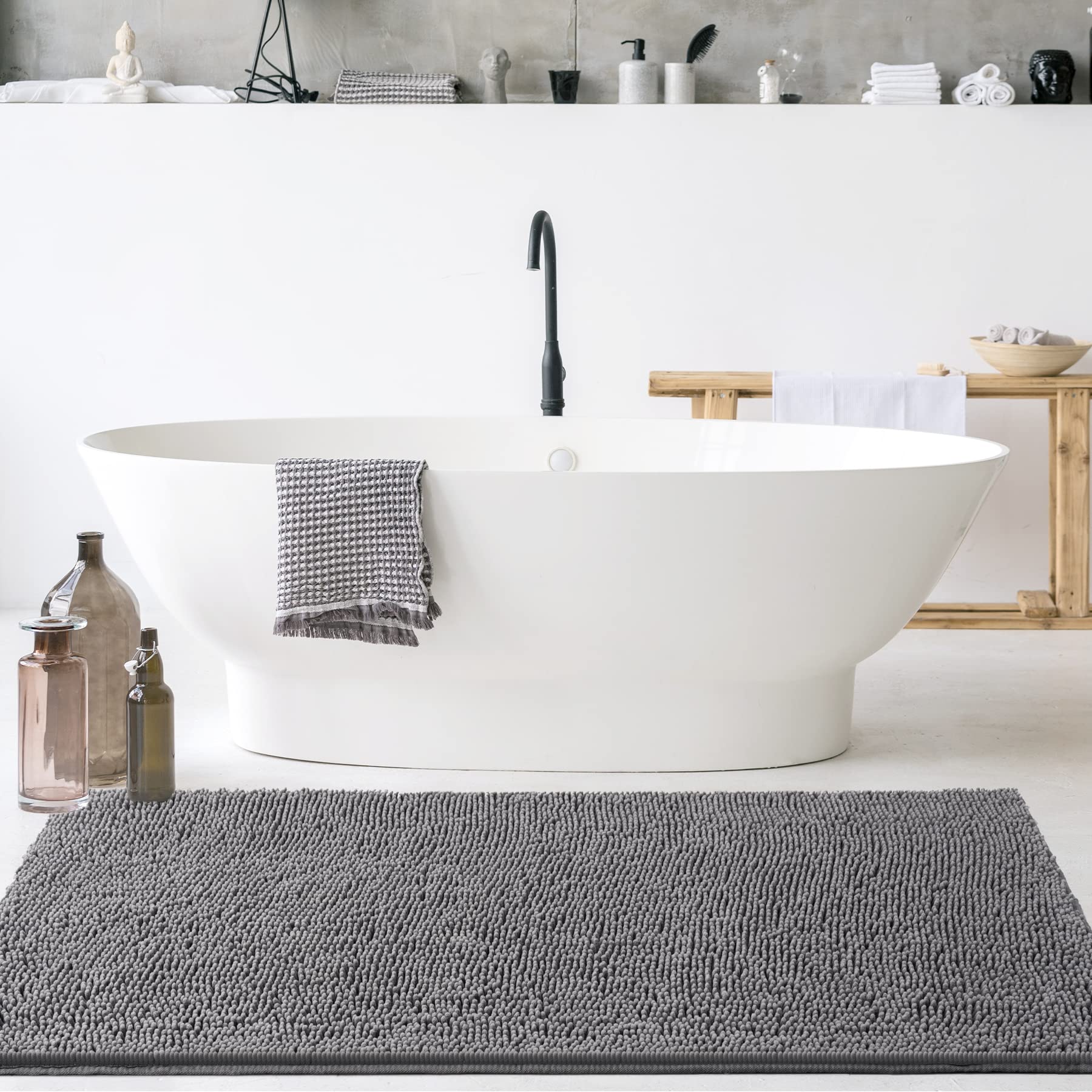 Noahas 24 ' 'x60 ' ' Grey Long Bathroom Rugs Runner Absorbent Bath Mats for Bathroom Non-Slip Washable Carpet Soft Plush Chenille Shower Mats for Bathroom Shaggy Durable Bath Rugs with Rubber Backing