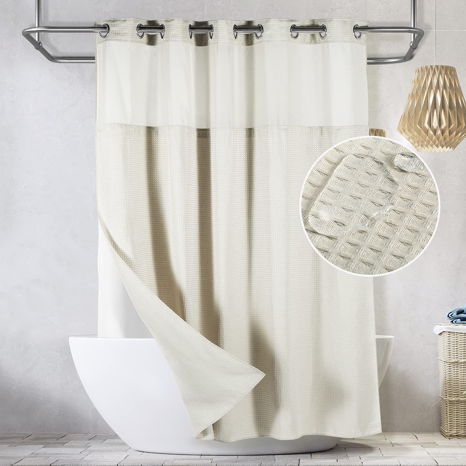 Lagute Snaphook Waffle Weave Fabric Hook Free Shower Curtain With Snap-In Liner, Extra Long Heavy Duty Bath Curtain With See Thr