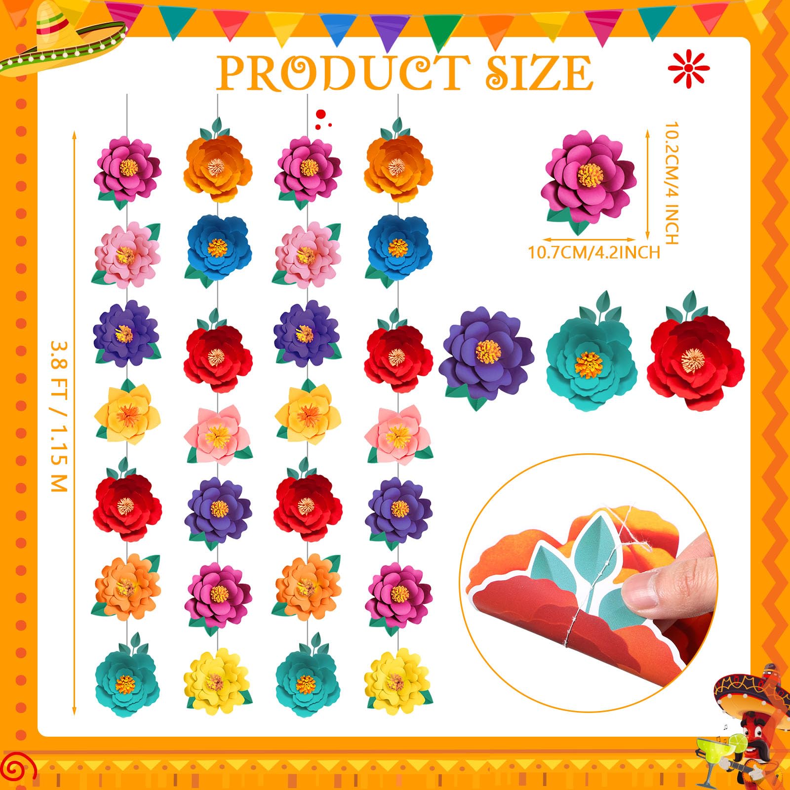 Spakon 8 Pcs Day of The Dead Paper Flower Decorations Mexican Fiesta Garlands Dia De Los Muertos Flat Floral Hanging Banner Cuto