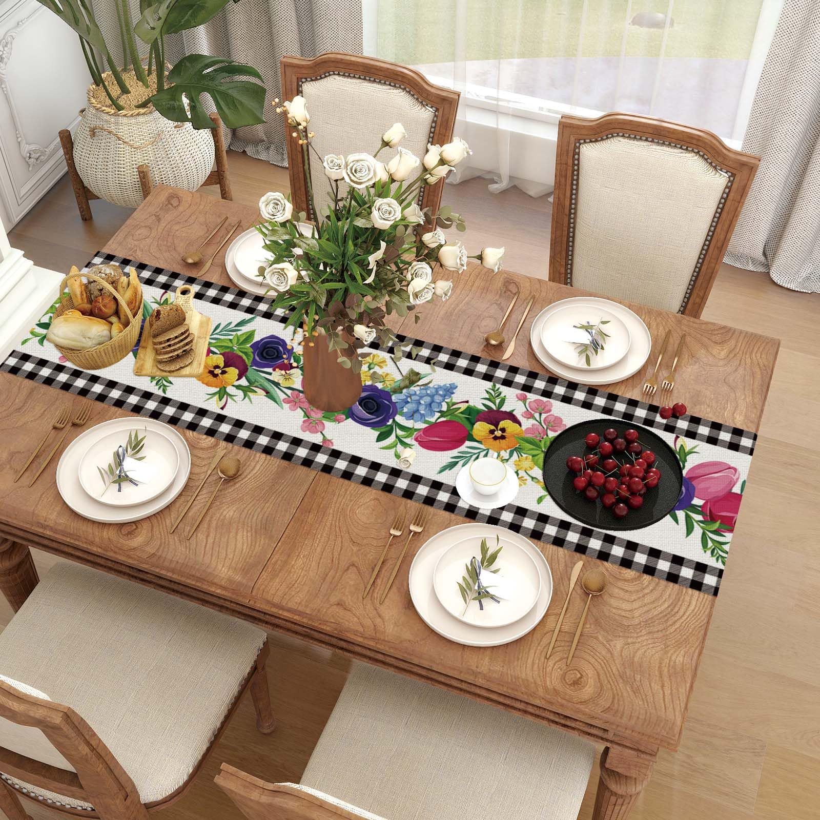 Linen Black And White Buffalo Check Plaid Spring Table Runner 72 Inches Long Farmouse Spring Summer Easter Watercolor Floral Tab