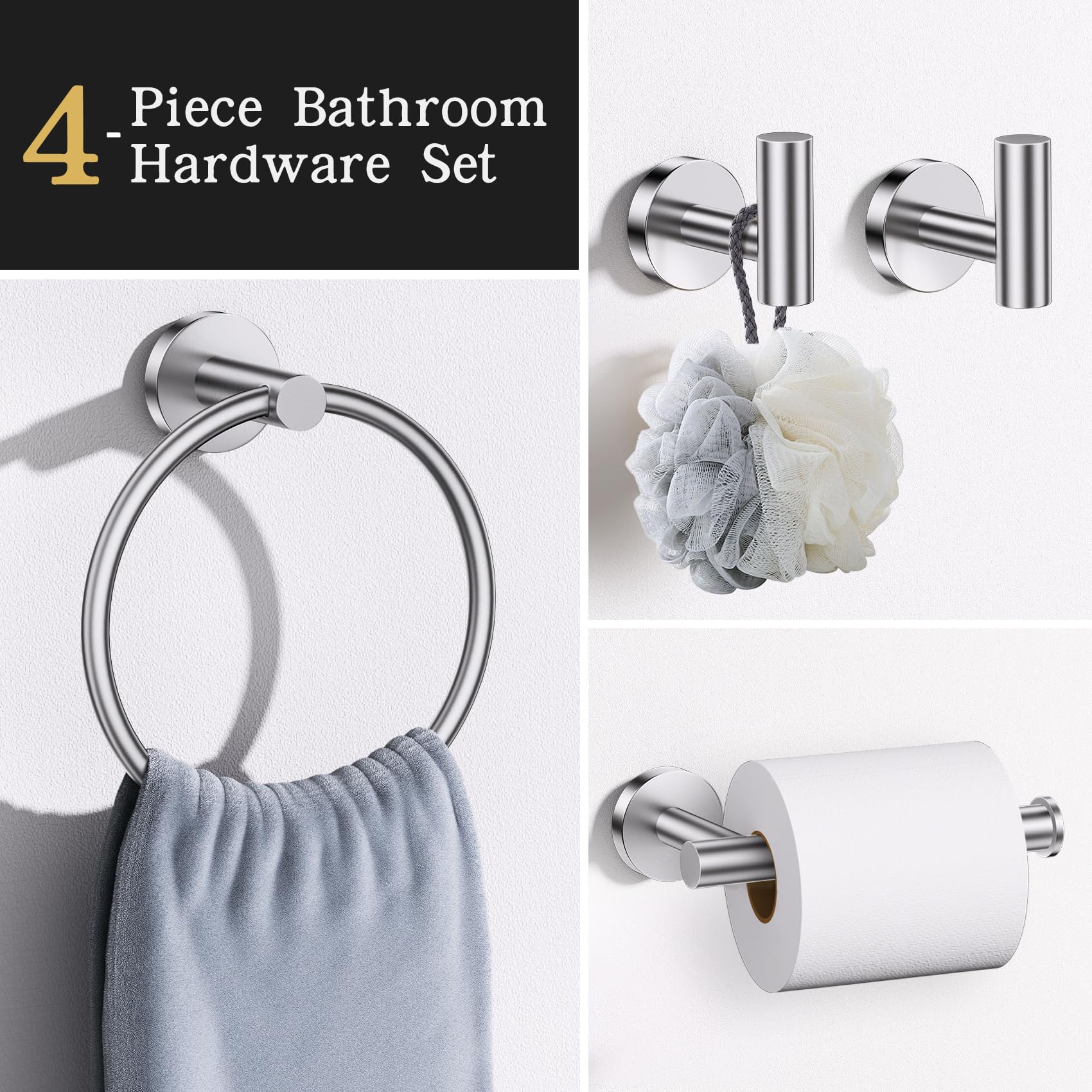 Lairuier Bathroom Hardware Set  4-pieceTowel Bar Set Include Toilet Paper Holder Towel Ring and 2 Towel Hooks Stainless Steel Wall Mounted Bathroom Hardware Accessories Set (Brushed Finish)