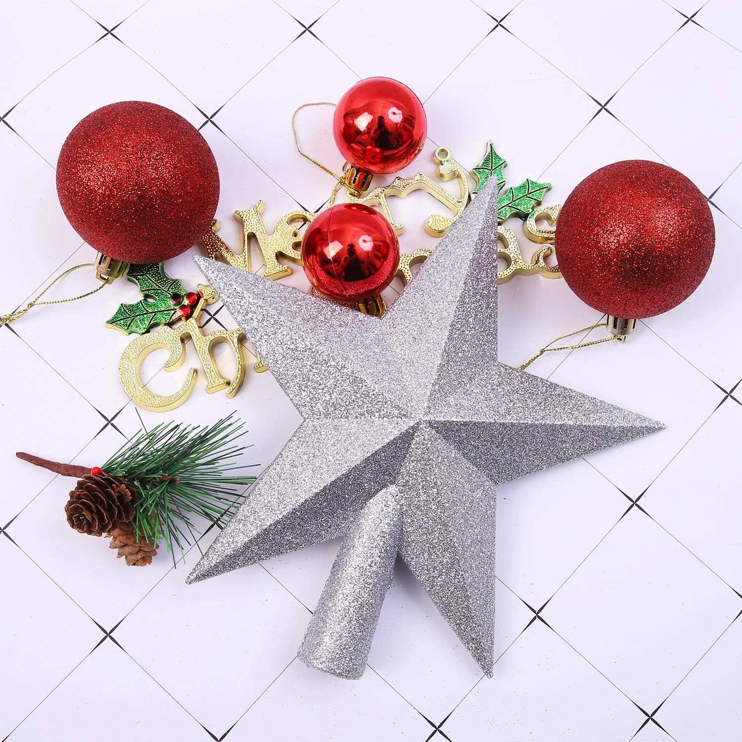 Aneco Glitter Silver Christmas Tree Topper 6 Inch Shatter-Proof Christmas Tree Decoration Treetop for Holiday Ornament or Home D