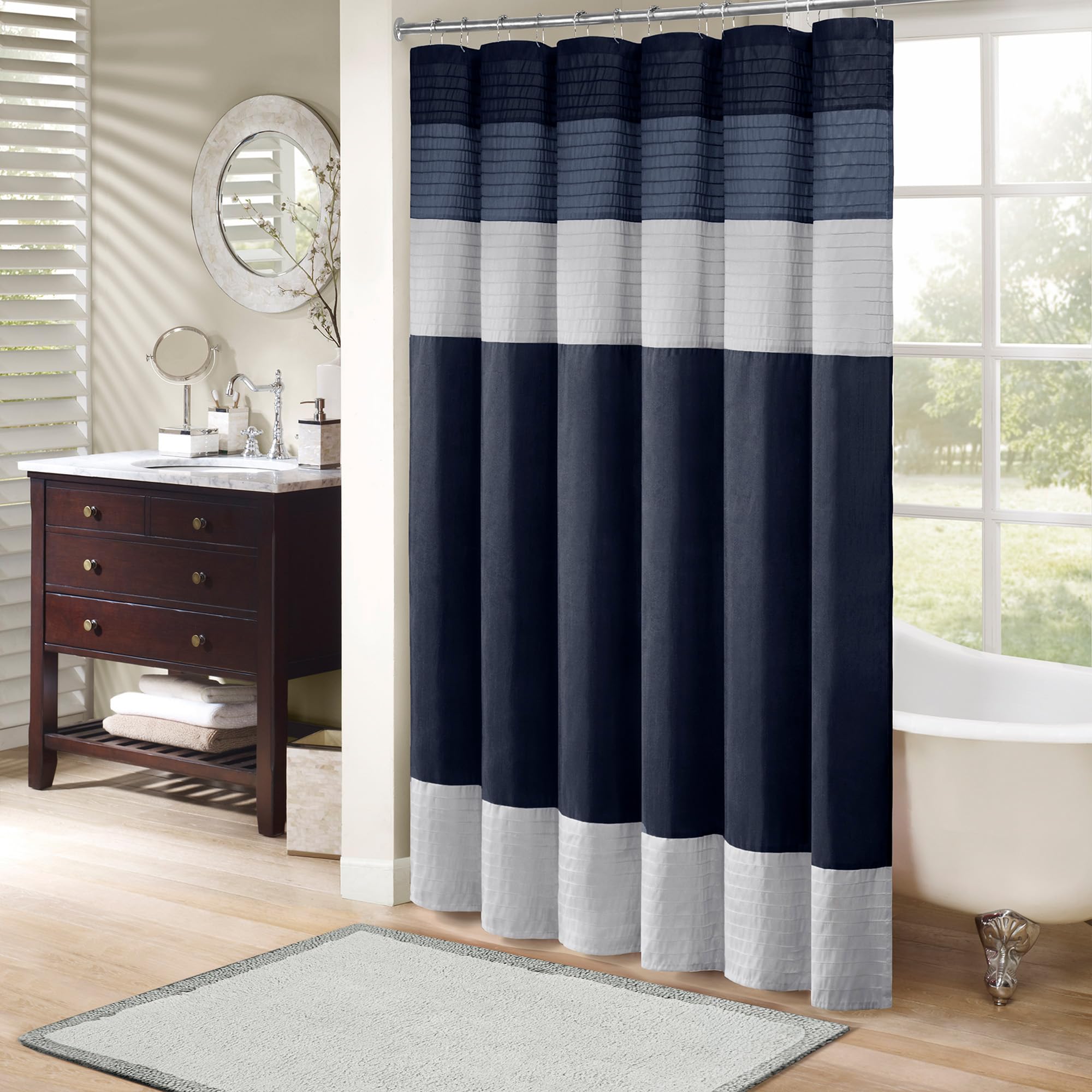 Madison Park Amherst Bathroom Shower Curtain Faux Silk Pieced Striped Modern Microfiber Bath Curtains, 72X84 Inches, Navy