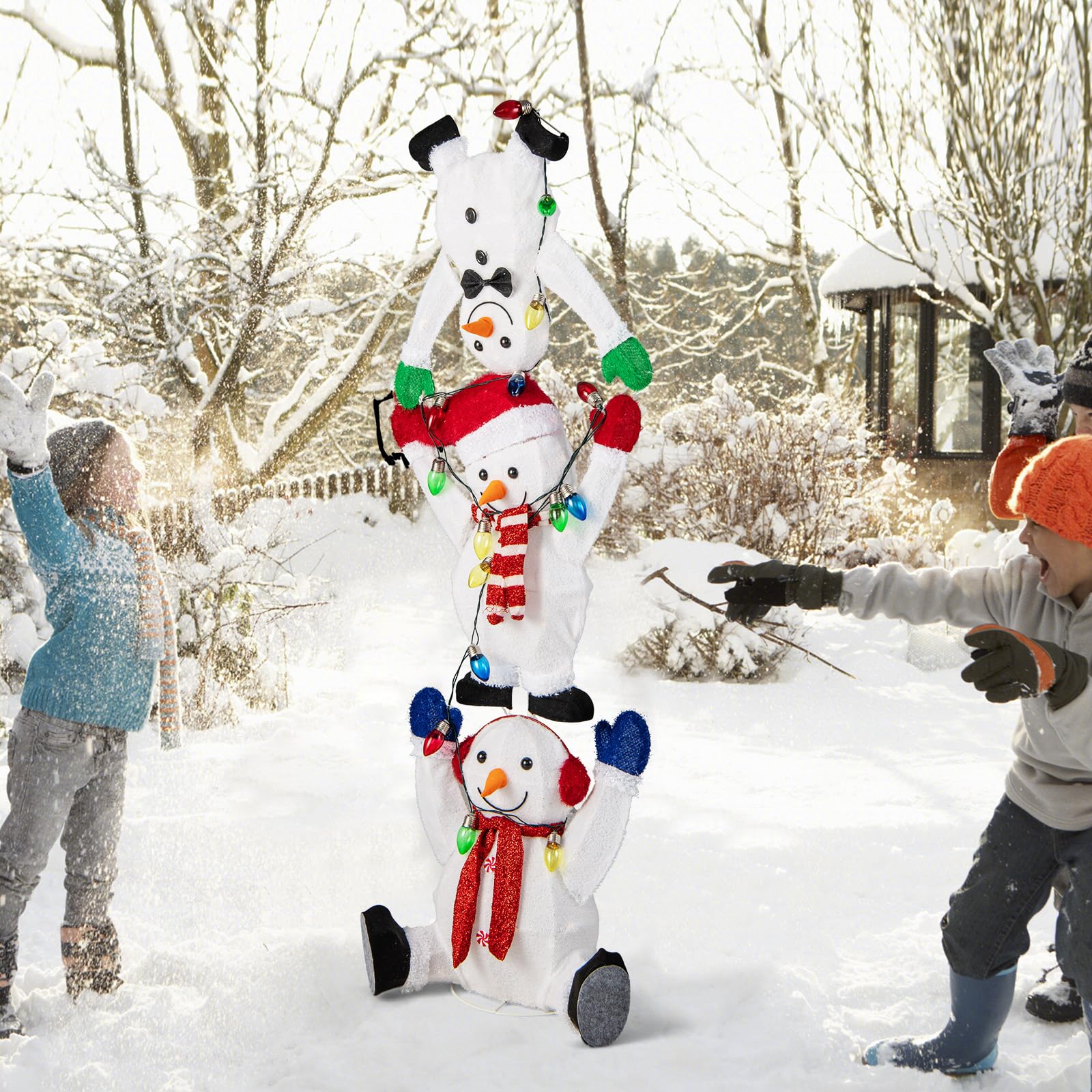 Tangkula 5.6 FT Lighted Christmas Stacked Snowmans Decoration, Pre-Lit Snowman Ornament with LED Lights, Light String, Outside X