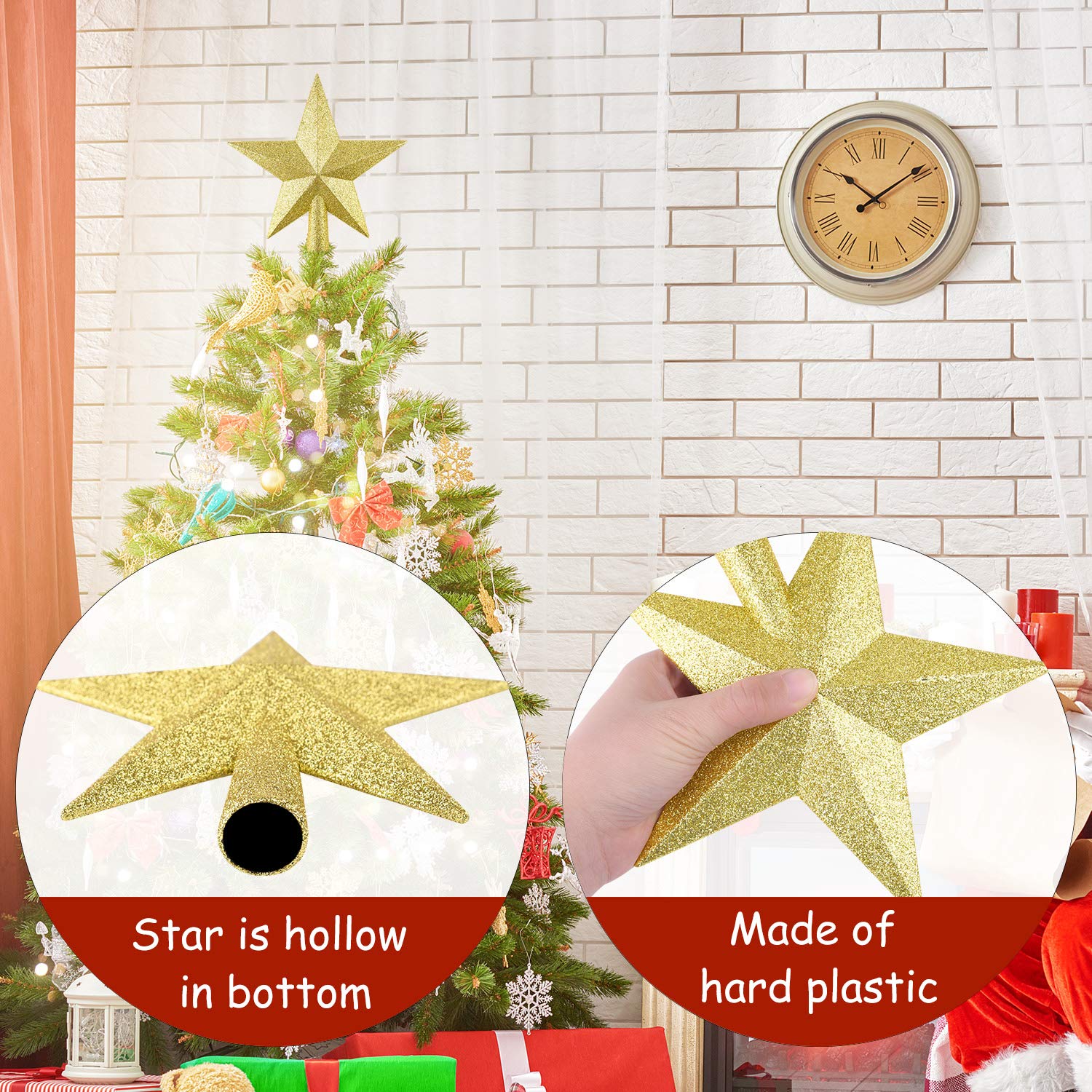 FEPITO 4.3 Inches Glitter Star Mini Christmas Tree Topper Shatter-Proof Small Christmas Tree Decoration Treetop for Holiday Orna