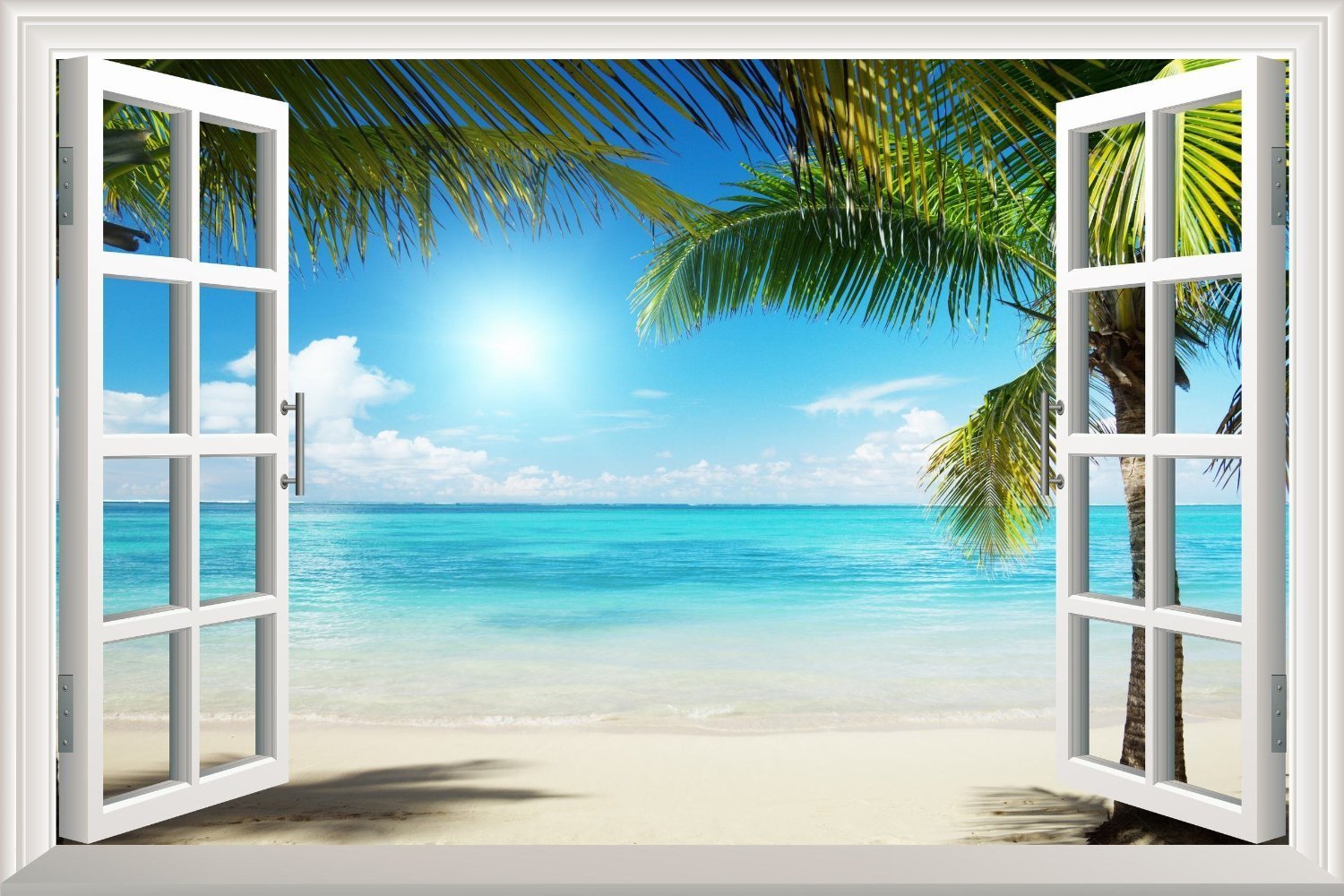wall26 White Sand Beach with Palm Tree Open Window Wall Mural  Removable Sticker  Home Decor - 36x48 inches