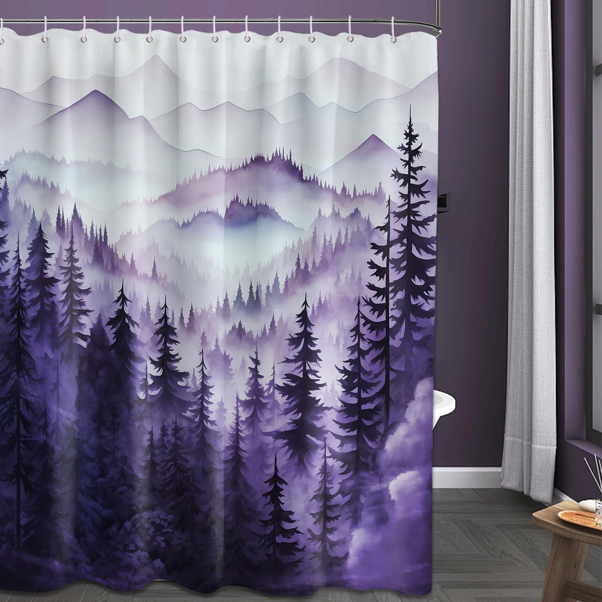 Qghot Mountain Shower Curtain Sets, Dark Purple Shower Curtains For Bathroom, Nature Woodland Forest Waterproof Pine Tree Bathro