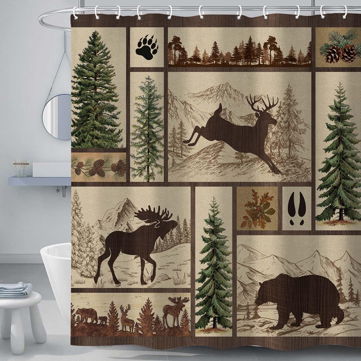 Rustic Cabin Shower Curtain For Bathroom, Forest Bear Deer Wildlife Country Bath Curtains, Hunting Camping Waterproof Fabric Bat