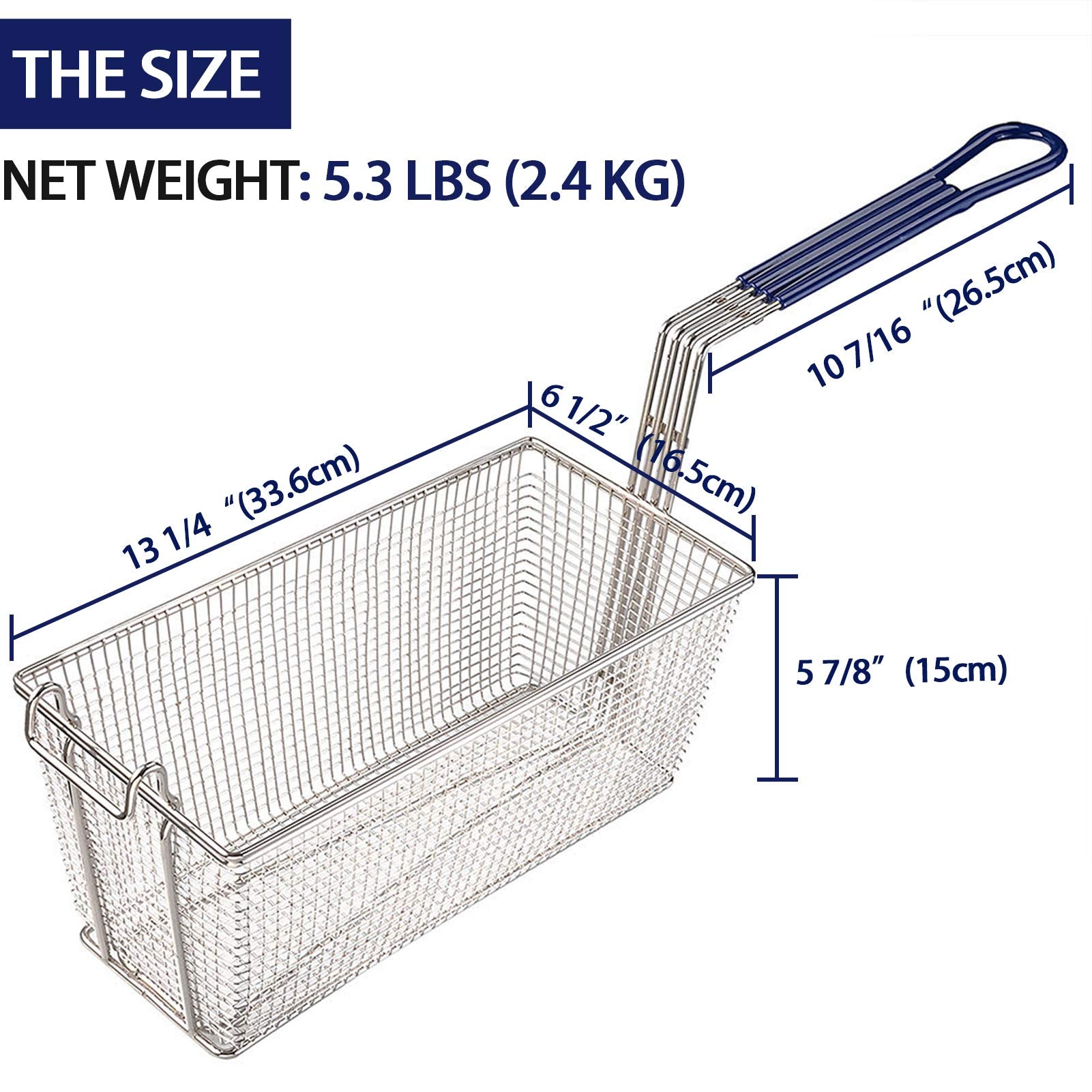 2Pcs Deep Fryer Basket With Non-Slip Handle Heavy Duty Nickel Plated Iron Construction 13 1/4'' X 6 1/2'' X 6'' Commercial Use