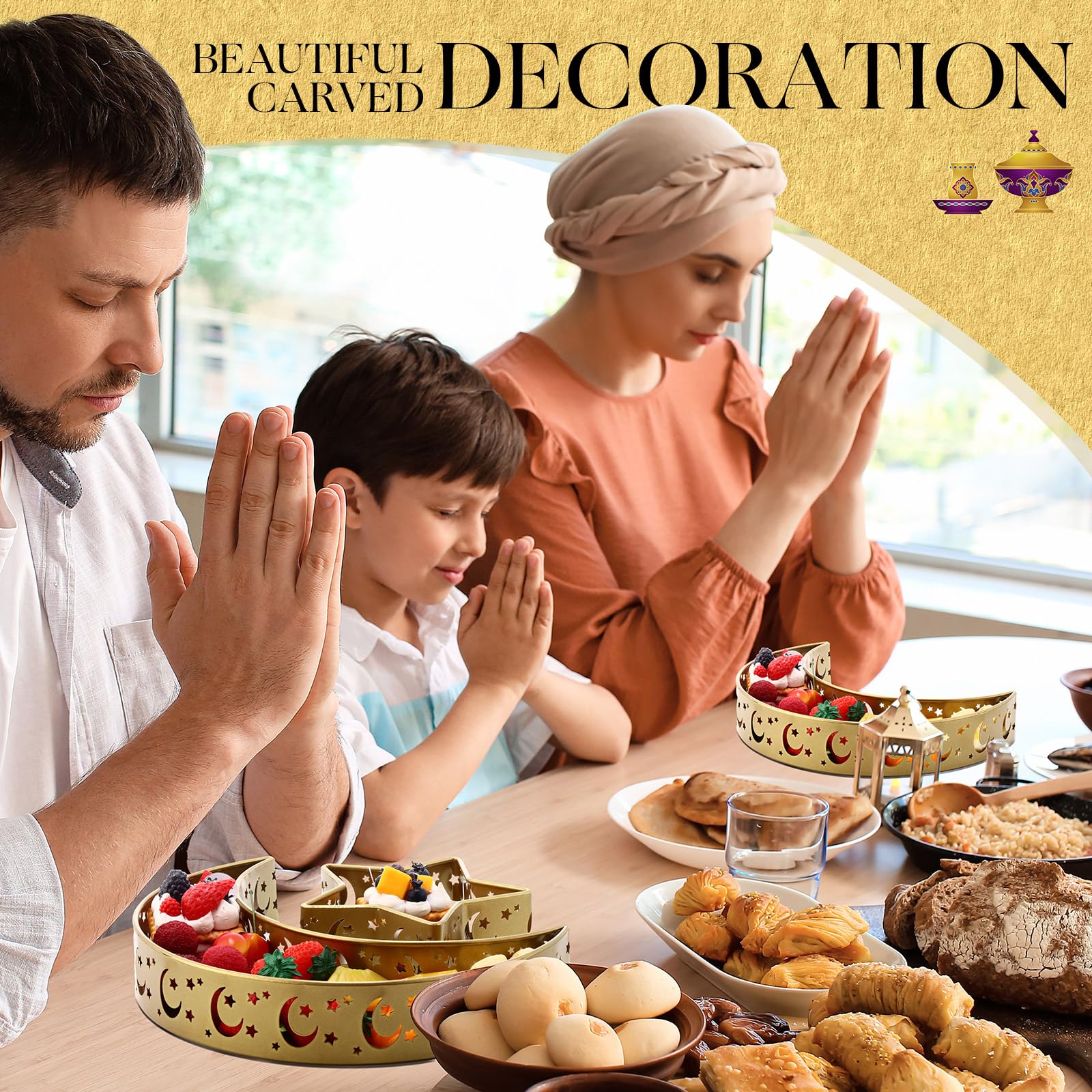 Glikceil 6 Pcs Eid Mubarak Moon And Star Pastry Tray Moon Shape Food Dessert Tray Ramadan Metal Platter For Breakfast Dinner Des