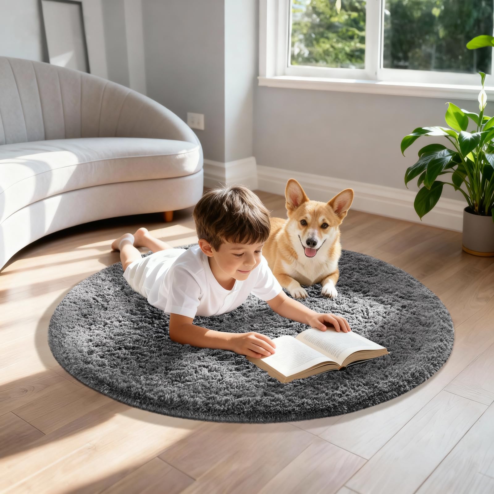 Ophanie Round Rugs 3Ft Grey Circle Area Rug,Christmas Room Decor, Aesthetic Nursery Bedroom Carpet, Fluffy Fuzzy Plush Soft Shag