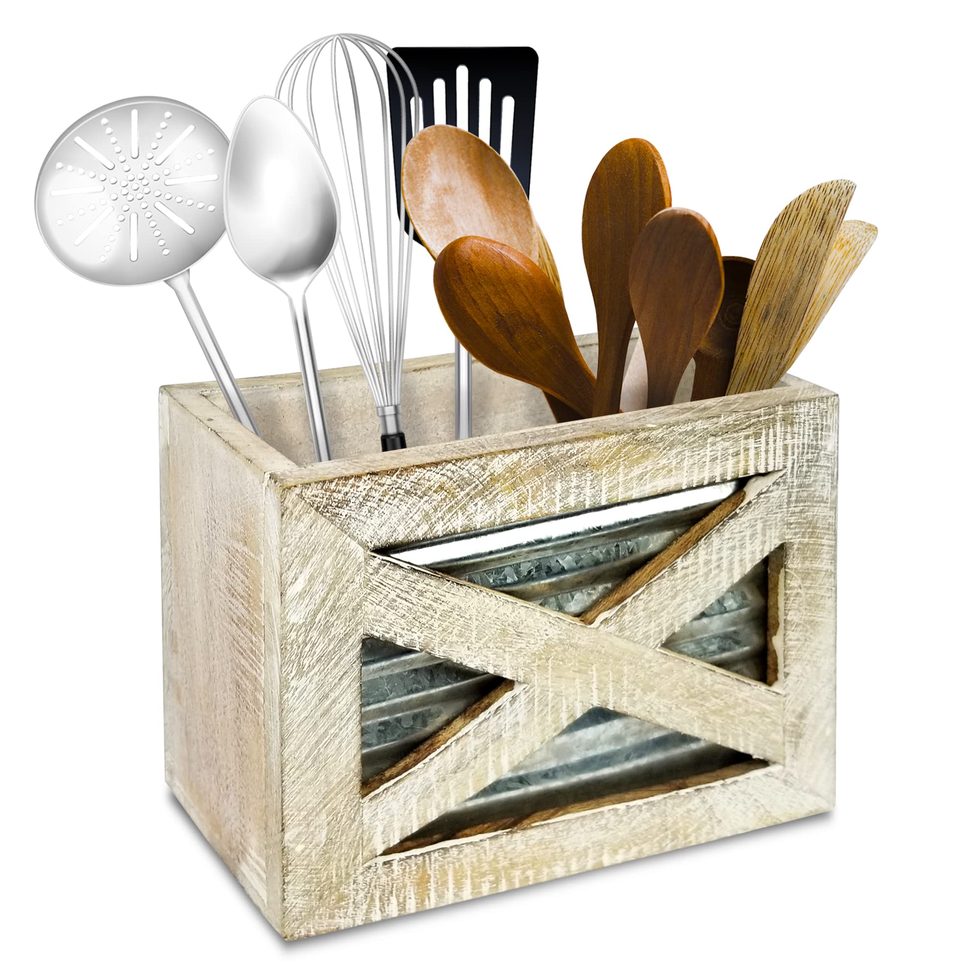My Vintage Finds Rustic Utensil Holder Wooden Kitchen Farmhouse Utensil Holder For Countertop Distressed Whitewash
