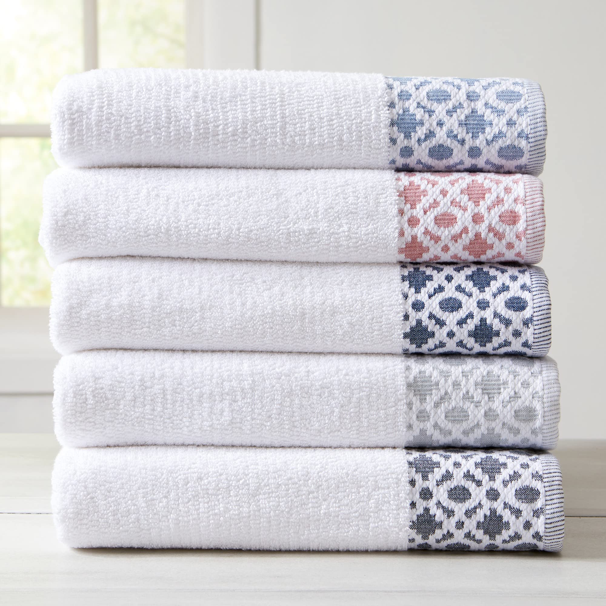 Market & Place 100% Cotton Luxury Hand Towel Set  Super Soft and Highly Absorbent  Textured Decorative Border  Includes 6 Hand Towels  Nitra Collection (White/Navy)