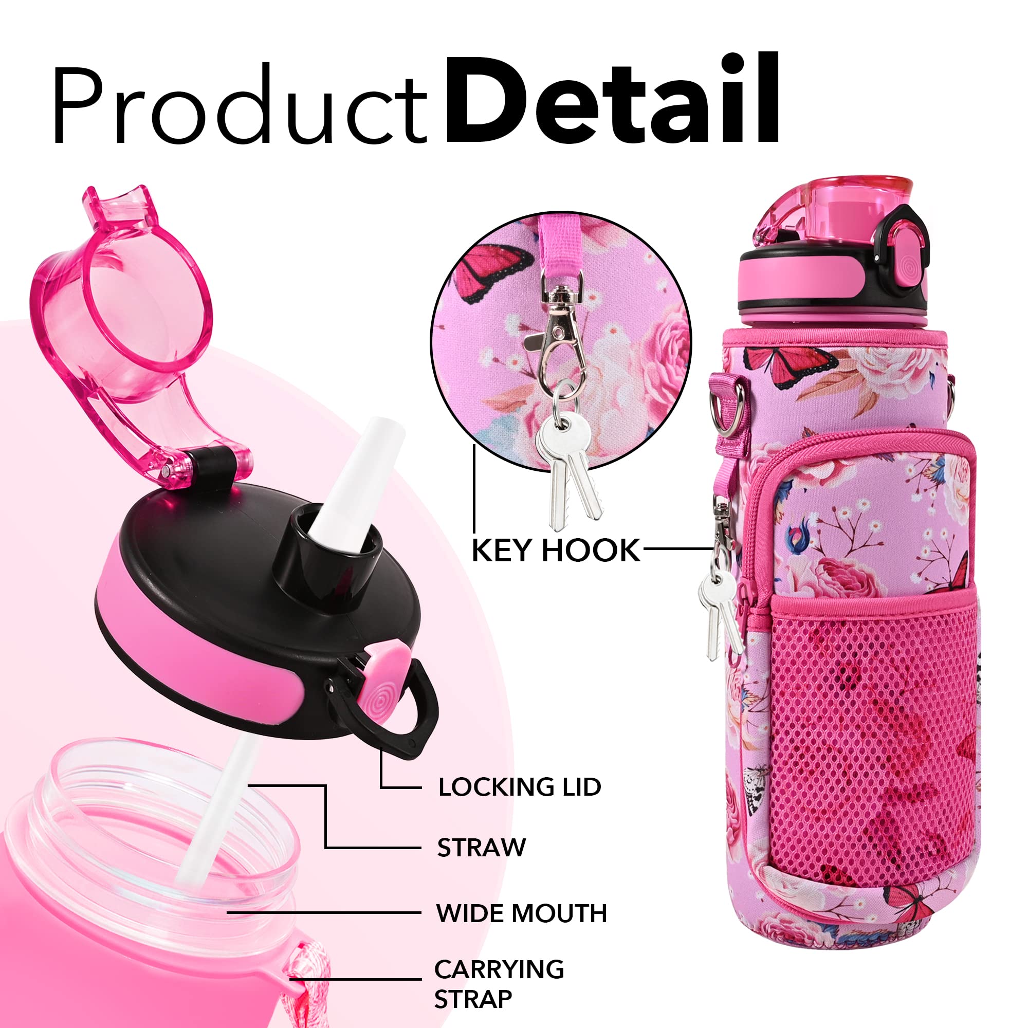 Newfad 32 oz Water Bottles with Straw & Strap  Motivational Water Bottles with Times to Drink  BPA Free Reusable Sports Water Bottle with Sleeve Carrier for Gym  Workout or Fitness (Butterfly in Love)