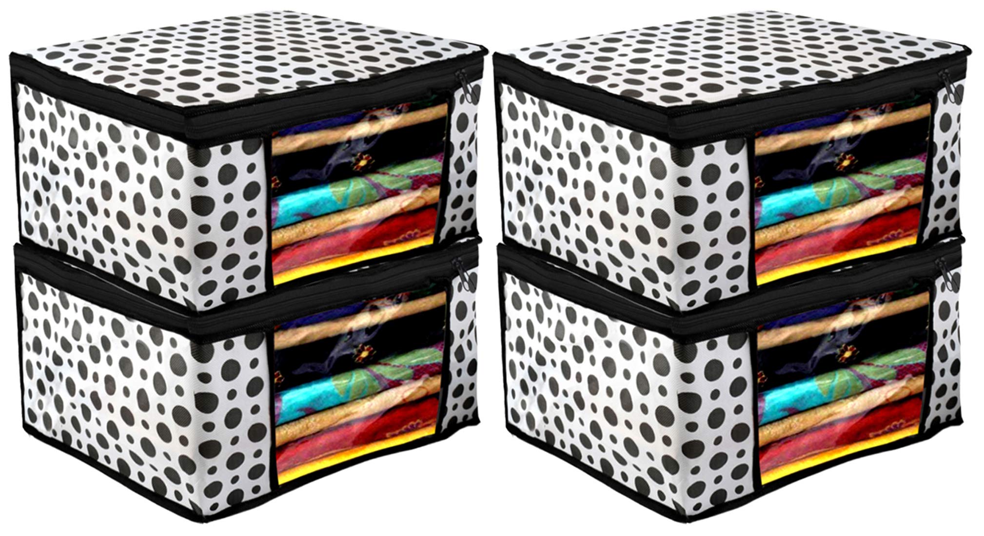 Heart Home Polka Dots Design 4 Piece Non Woven Fabric Saree Cover/Clothes Organiser For Wardrobe Set With Transparent Window, Ex