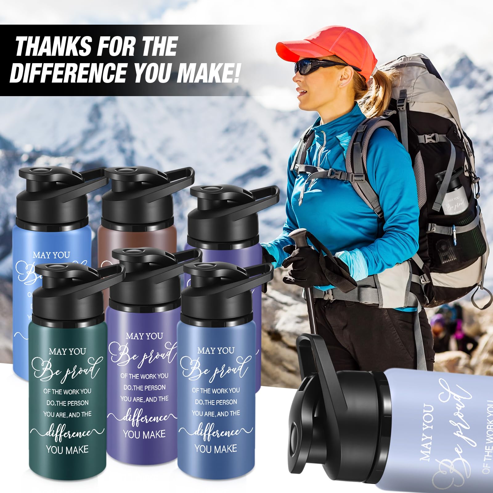 Bokon 24 Pack Thank You Inspirational Gifts Reusable Aluminum Water Bottle Bulk Lightweight Leakproof Metal Sports with Lid for