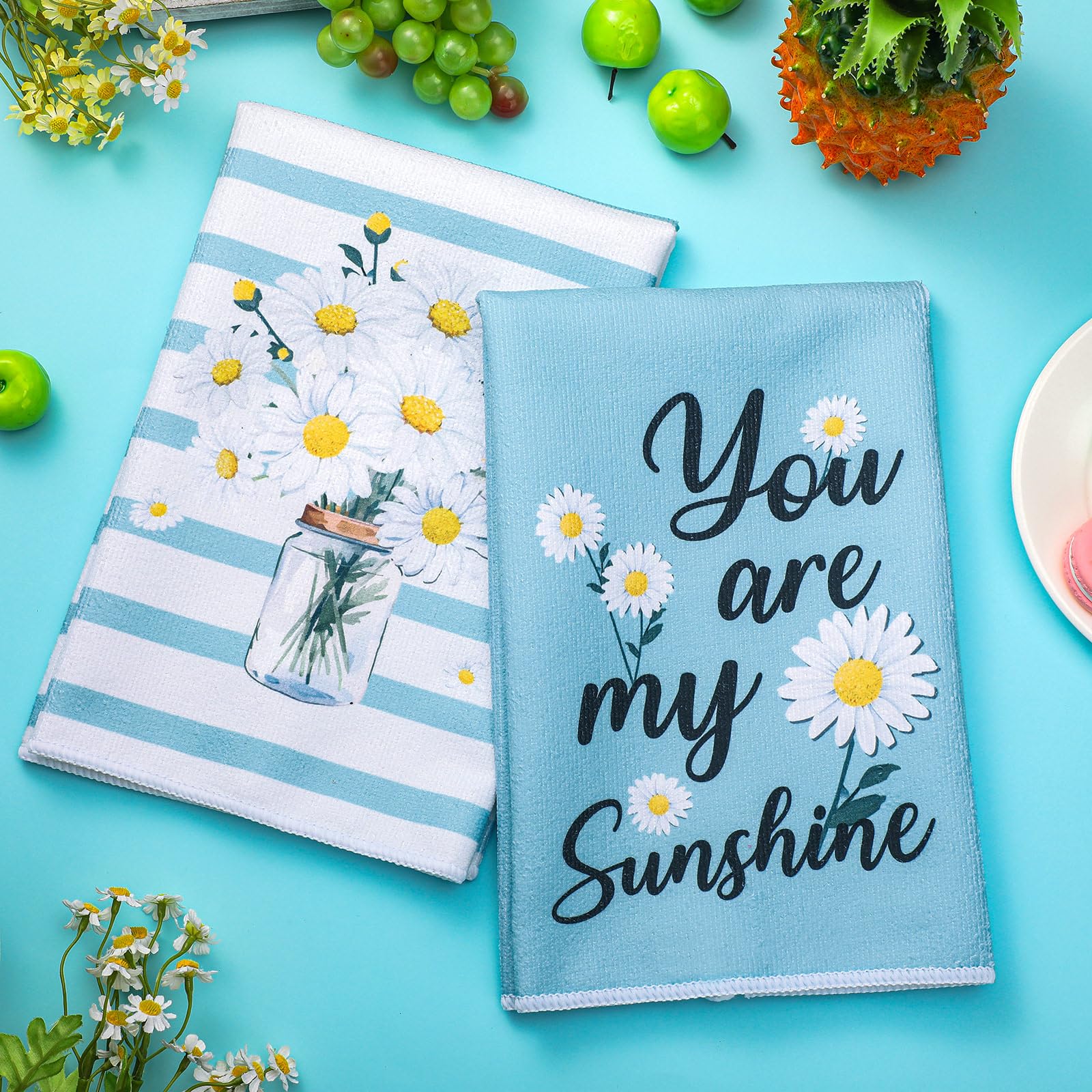 Boyiee Set of 6 Daisy Flower Kitchen Towels Daisy Stripes Tea Towels Floral Absorbent Dishtowels 24 x 16 Inches Housewarming Gif