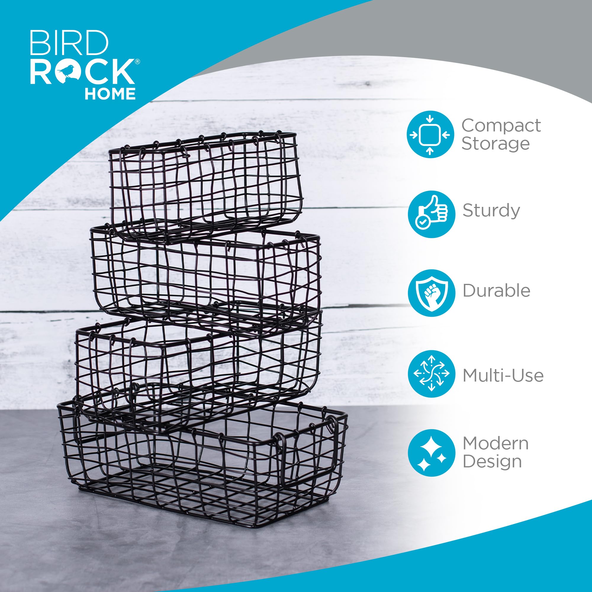 Birdrock Home Wire Storage Basket Set - Iron Baskets For Organizing, Kitchen Pantry Shelves, Rectangle Bins For Bathroom, Closet