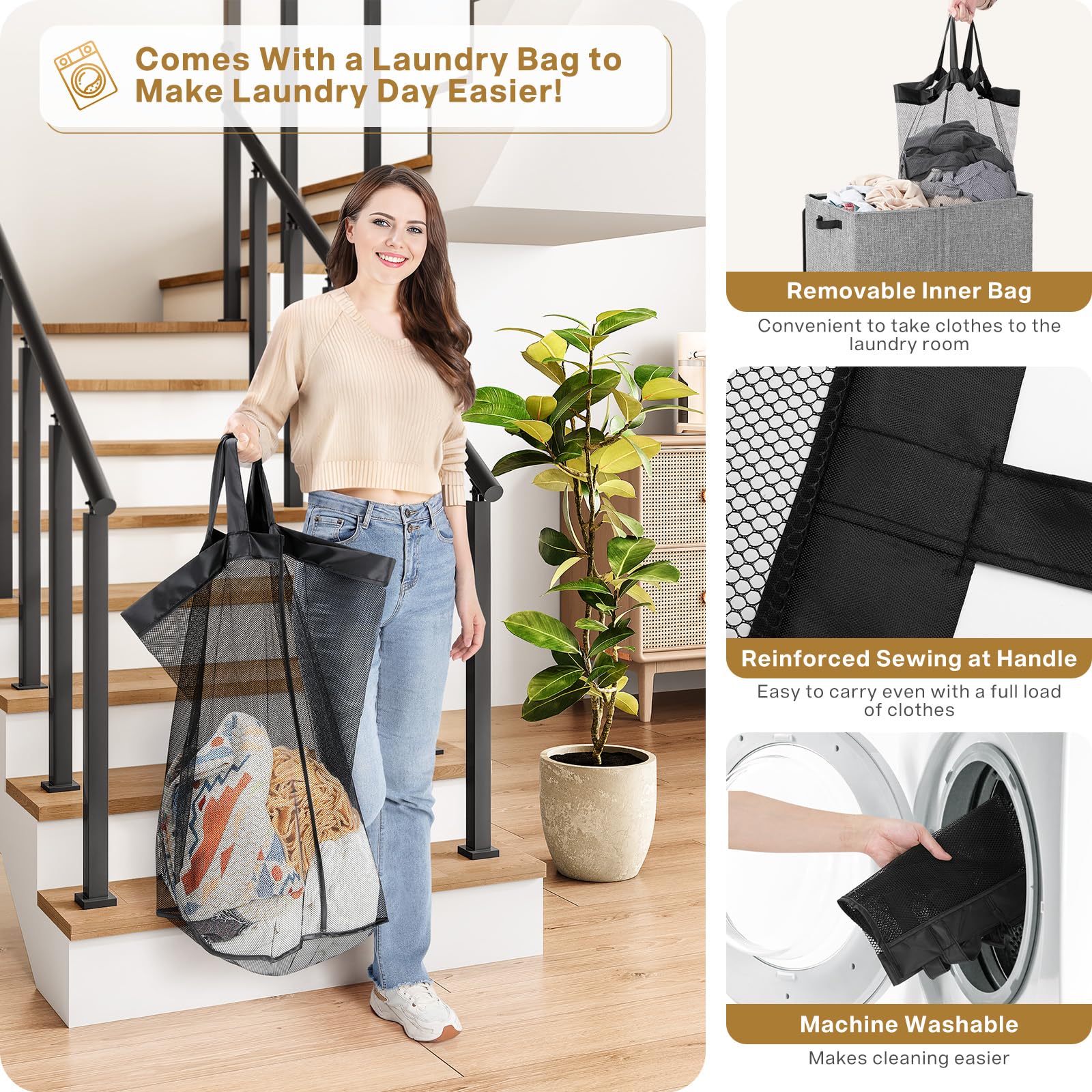 SOLEDI Double Laundry Hamper with Lid and Handle  Laundry Basket 2 Section with Removable bag  Collapsible Dirty Clothes Hampers for Laundry  Bedroom  Dorm  College