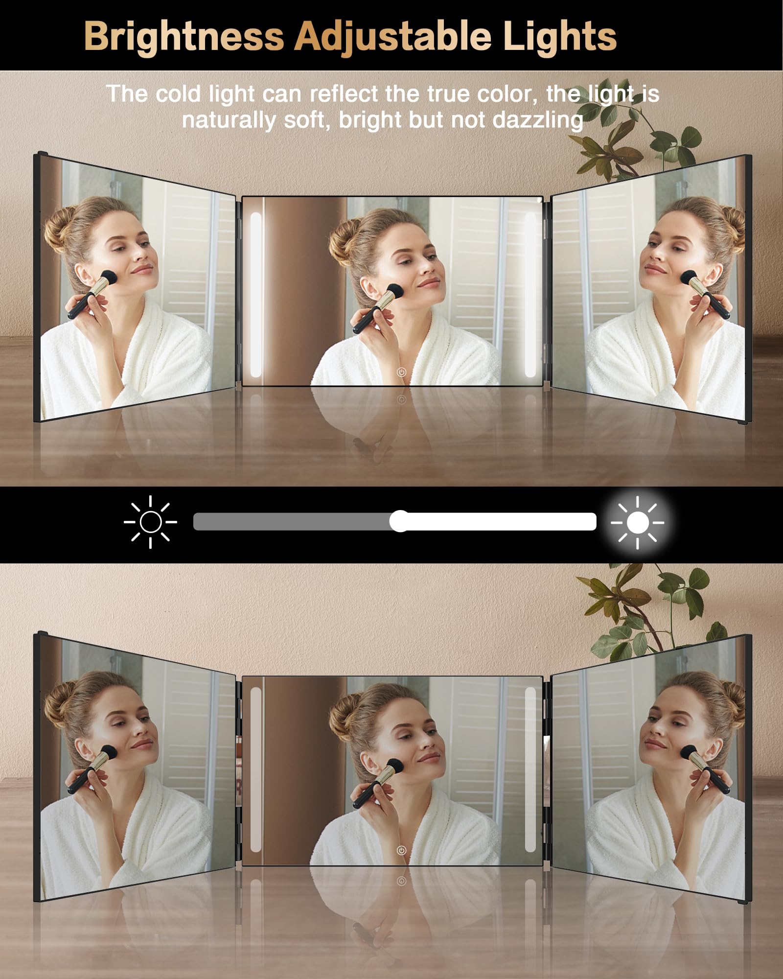 JUSRON 360° Viewing Angle Self Hair Cutting Mirror, Anti-Fog HD Glass, USB Rechargeable, Portable, 12.4"L x 7.5"W, Black with LED