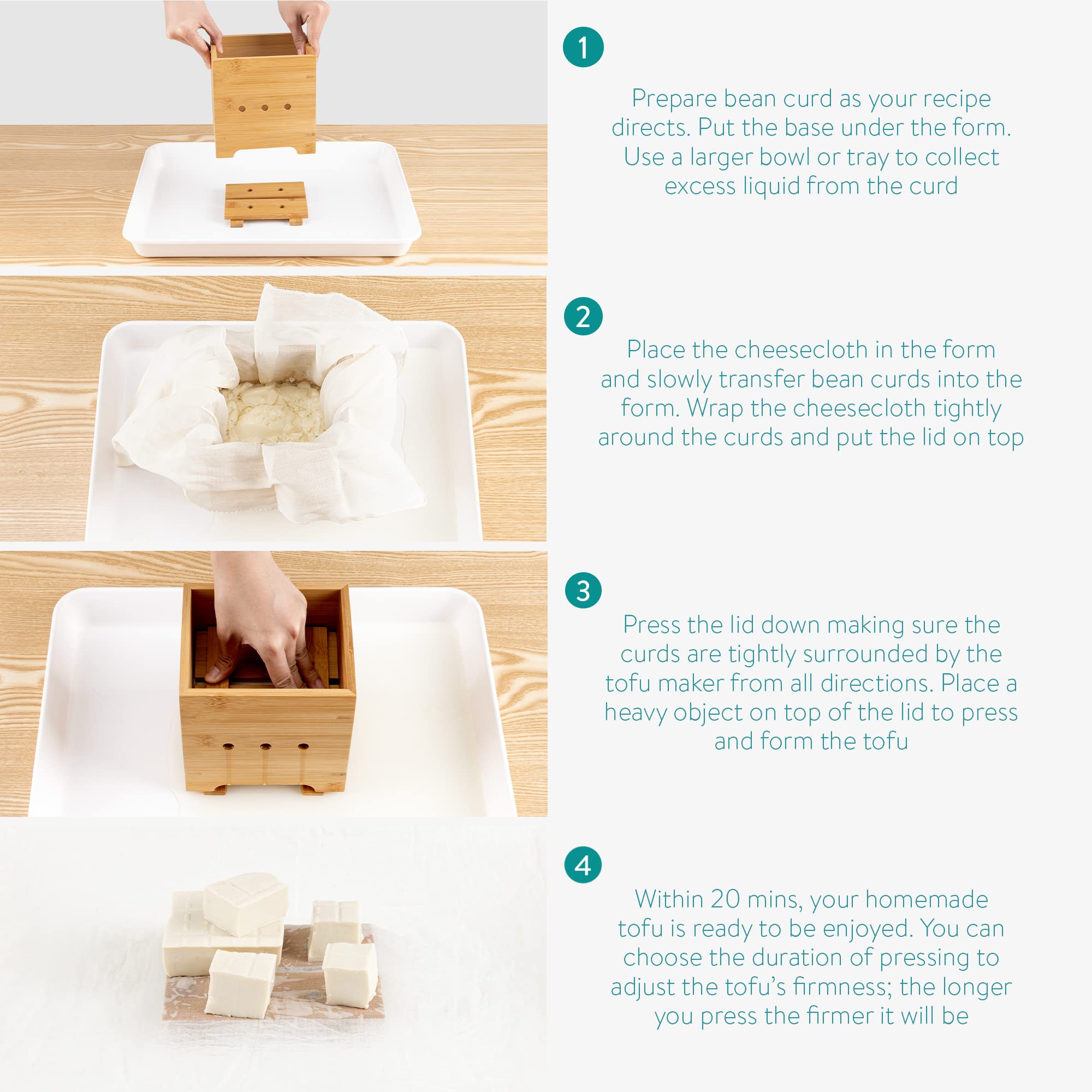 Navaris Bamboo Tofu Maker Kit - Tofu Mold For Making Fresh Homemade Tofu, Cheese, Tempeh - Tofu Making Kit Made 100% Natural Mat
