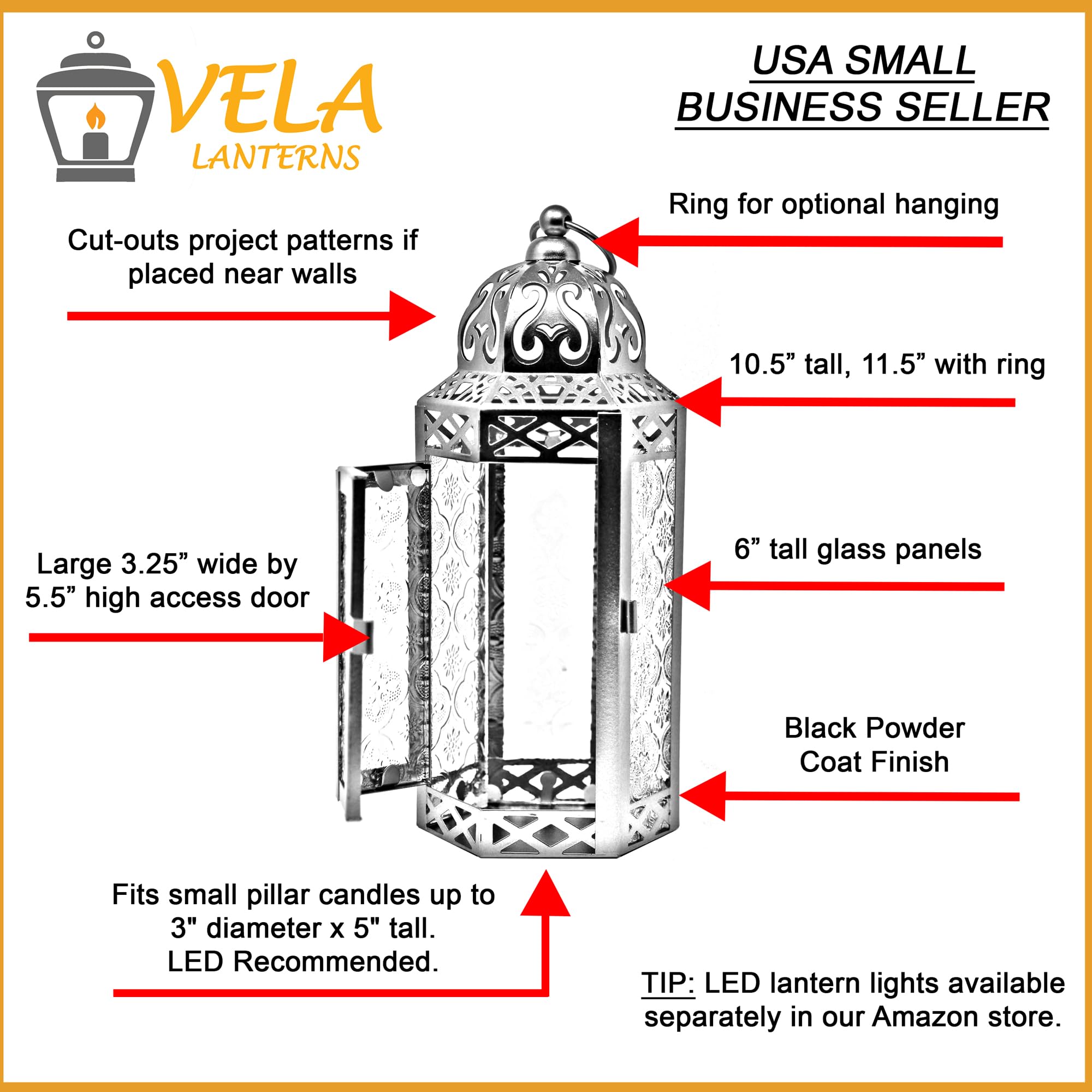 VELA LANTERNS 6pk Metal Moroccan Decorative LED Fairy Lights Candle Lantern Holders for Indoor Home Fantasy Decor, Table Centerp