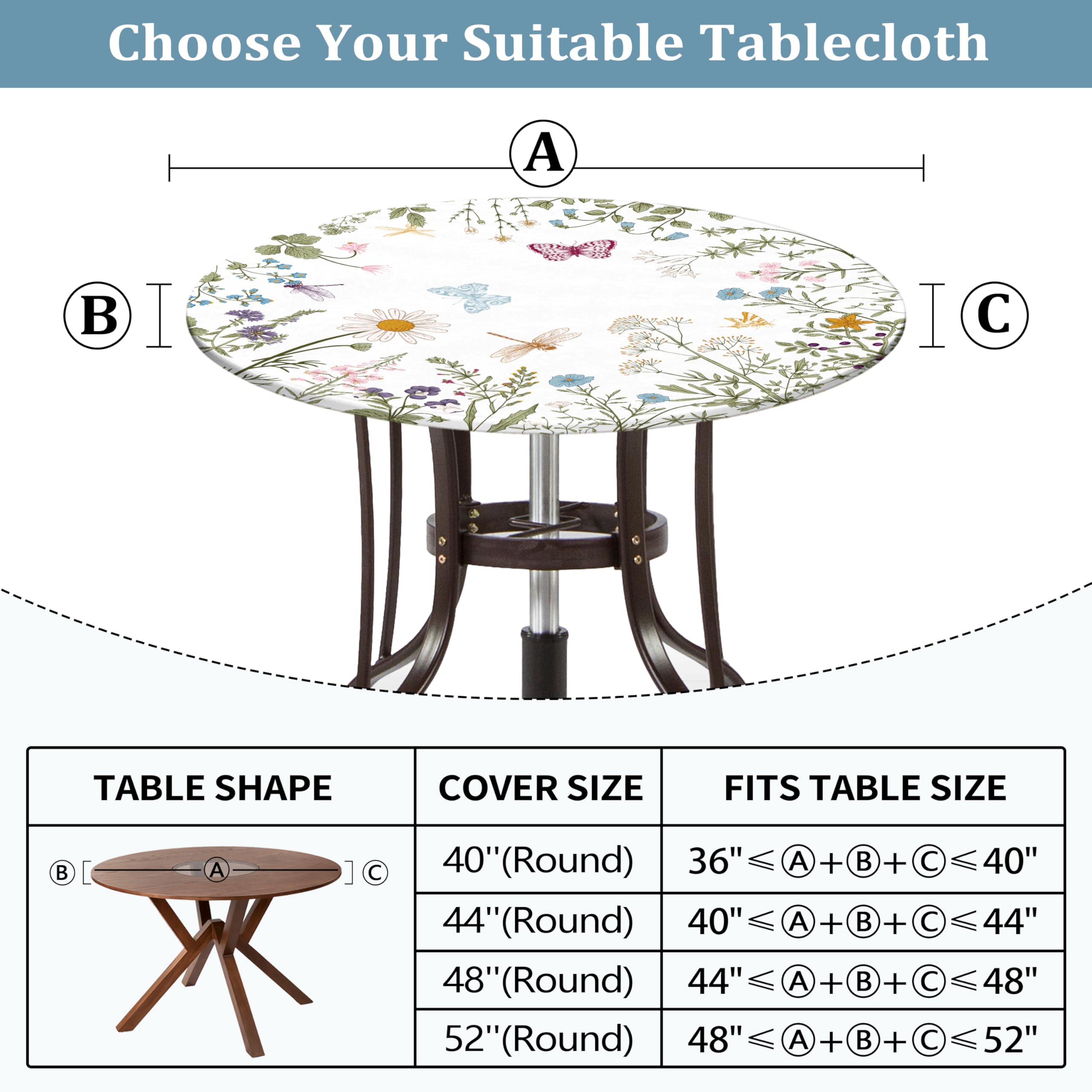 Spring Flower Round Fitted Tablecloth With Elastic Edge Wipeable Round Table Cloth Waterproof Reusable Outdoor Round Table Cover