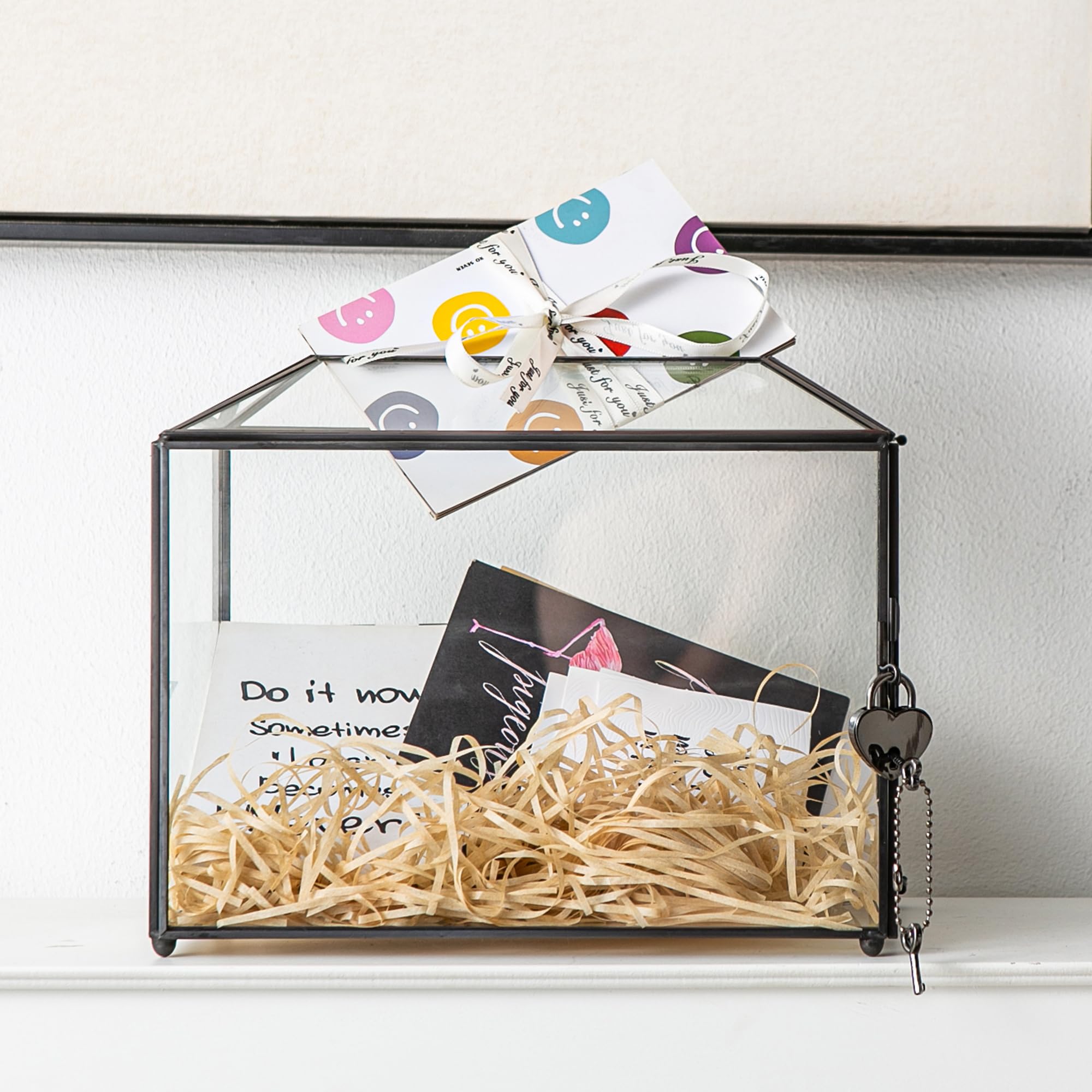 Sanllusit Wedding Glass Card Box with Slot and Lock, 10.2 x 6 x 8 Inch, Small Black Geometric Cards Holder for Birthdays Party R
