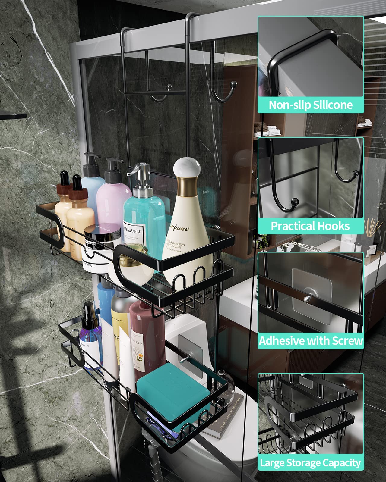 HapiRm Hanging Shower Caddy, 2-Tier Stainless Steel, Over the Door, Black, Model ZWJ63, No Drilling, Rustproof, Waterproof
