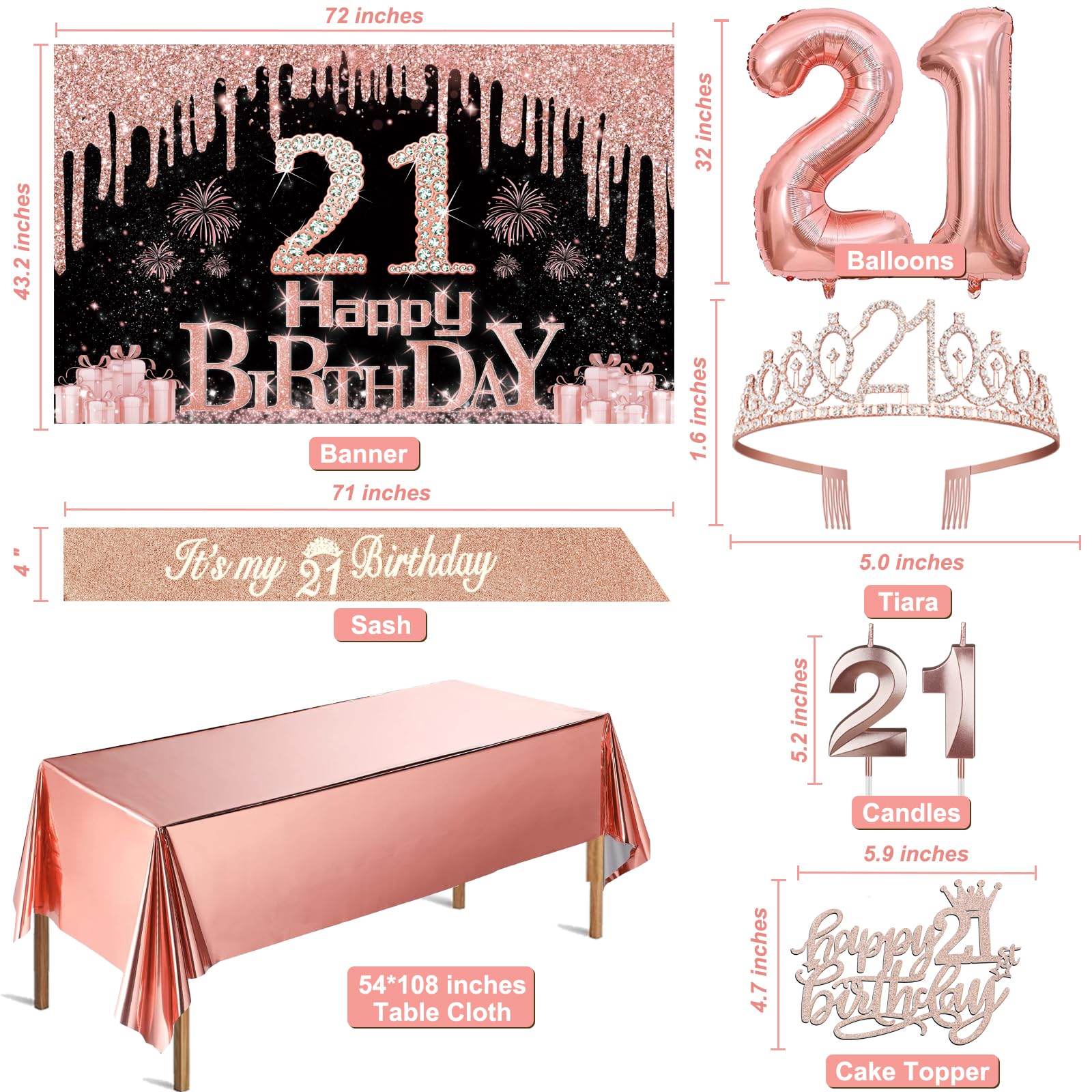 21St Birthday Decorations For Her With Banner, Rose Gold Tablecloth, Number Balloons, 21St Birthday Sash And Tiara, Cake Topper