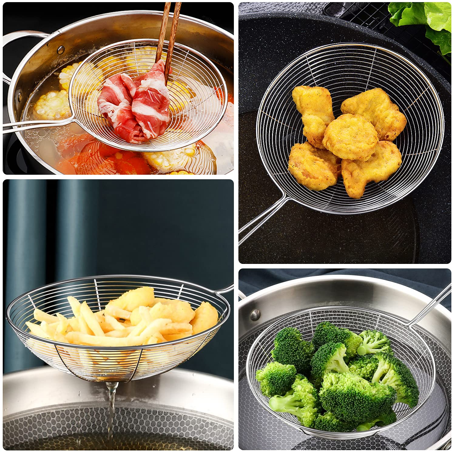 Spider Strainer Skimmer Spoon, Hspiow Set Of 3 Sizes Frying Spoon Stainless Steel Fryer Scoop Wire Strainer Ladle With Long Hand