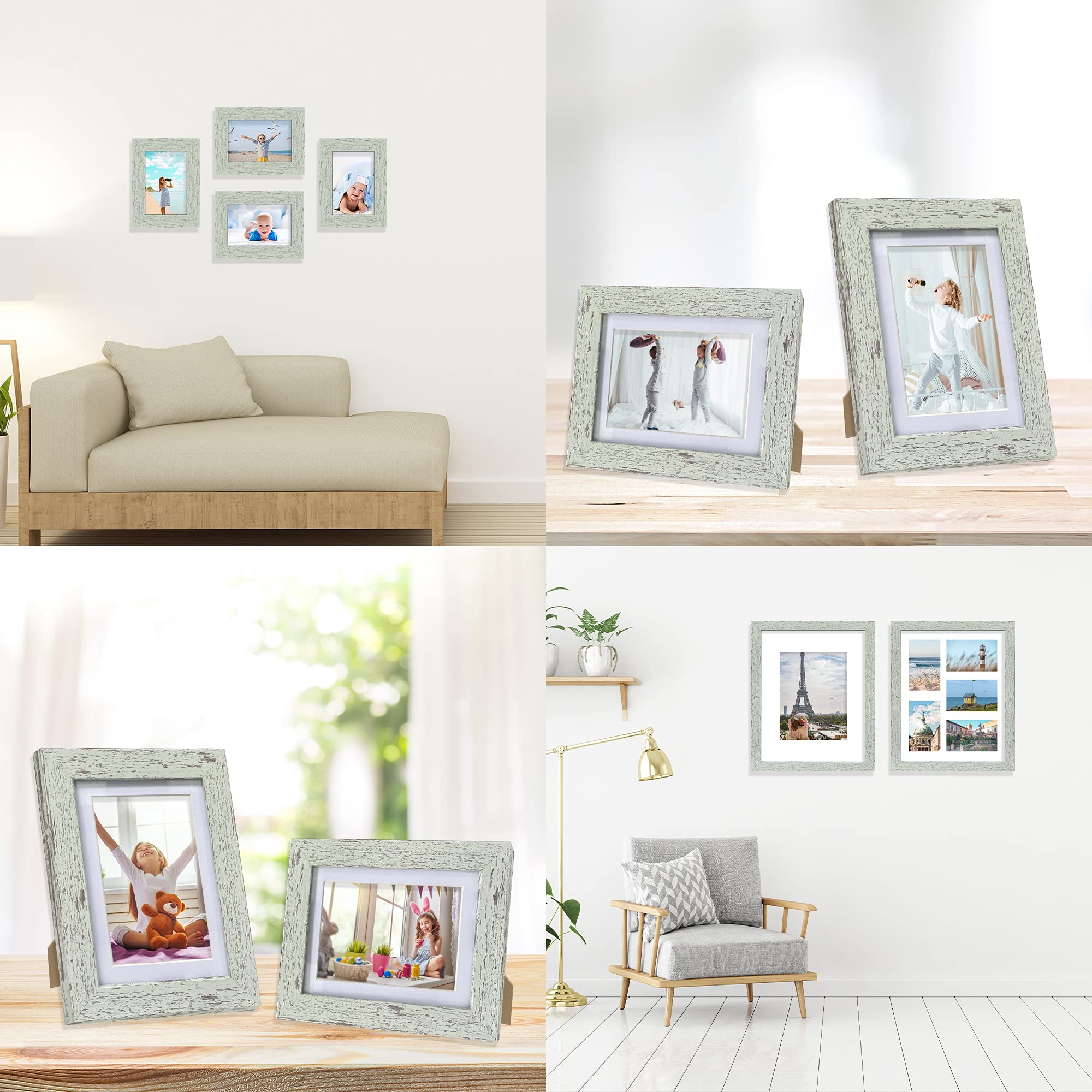 Hongkee 4x6 Picture Frame Set of 4, Made of Real Glass and Sage Green Wooden Frame, 4 by 6 Photo for Wall or Tabletop - Display