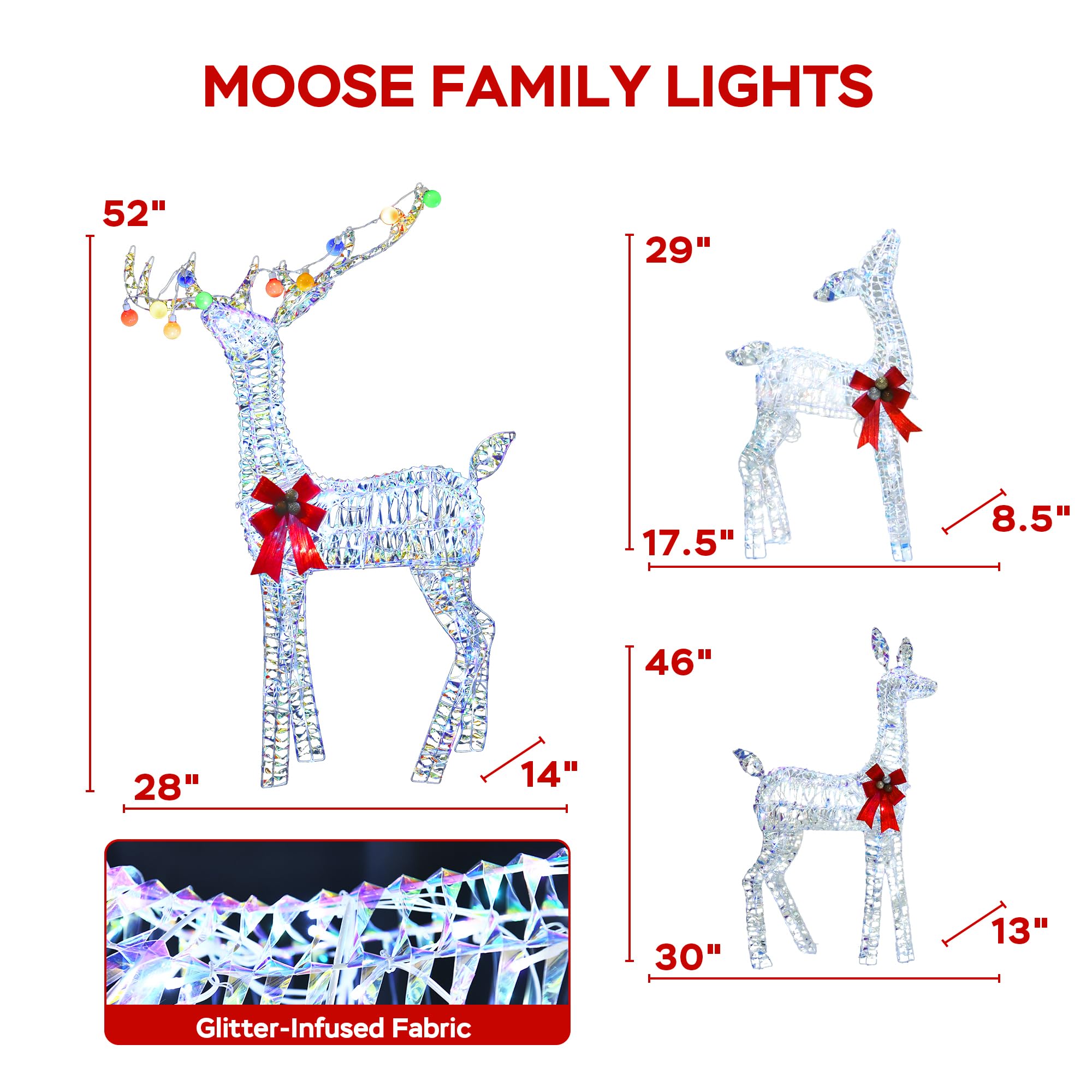 VELTENOVAIRE Outdoor Lighted Reindeer Family Christmas Decor, 52  H Iridescent Deer 3D Holiday Yard Decorations with 200 White L