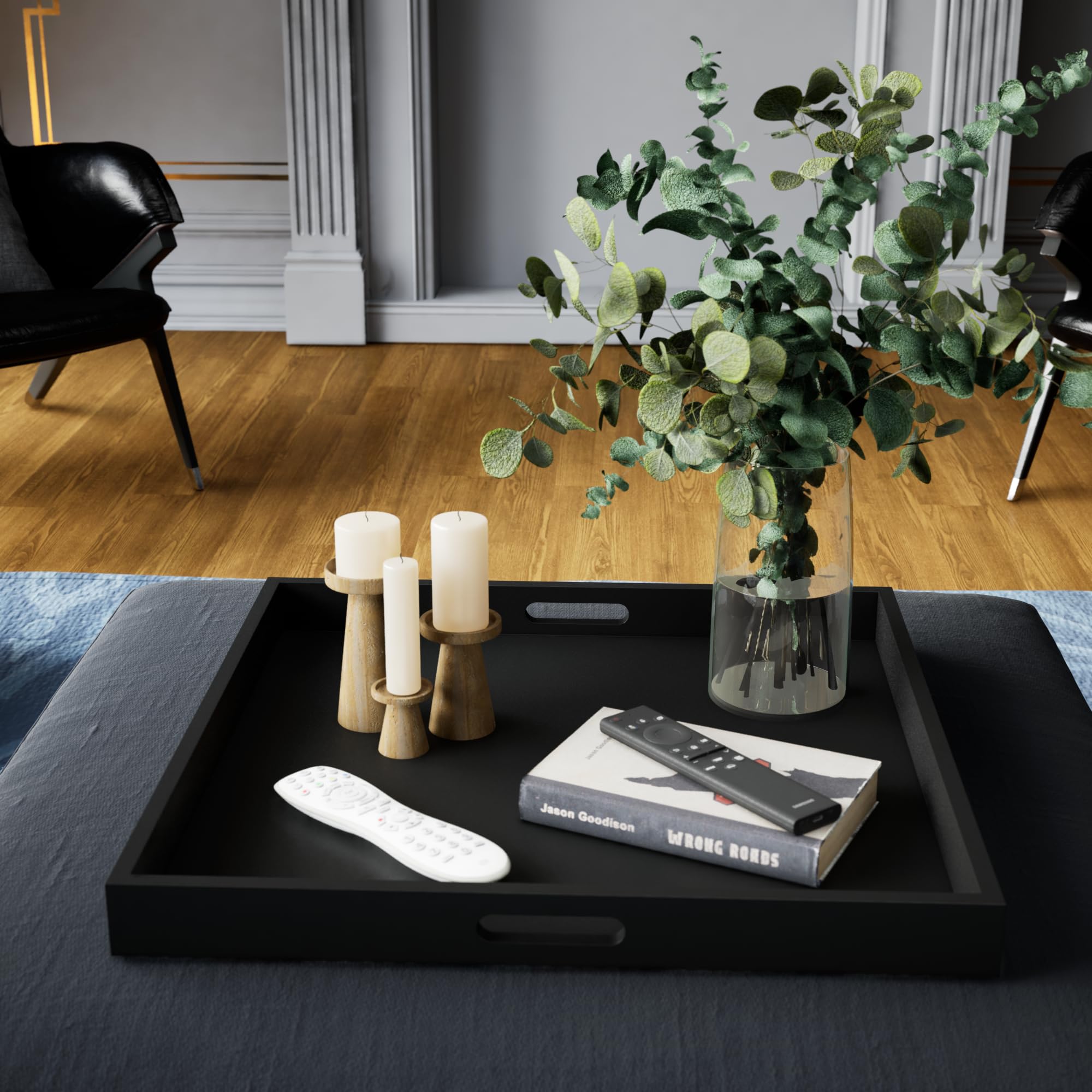 Hanobe Square Large Ottoman Tray: Modern Extra Large Black Serving Decorative Trays With Cutout Handles For Living Room Coffee T