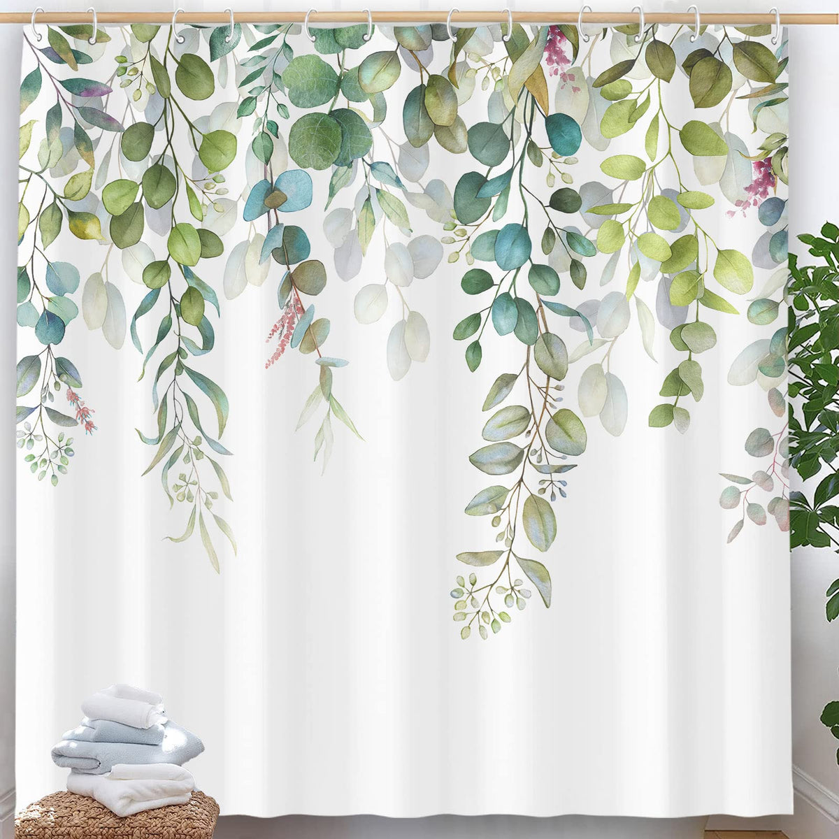 Zussun 84 Inch Extra Long Green Eucalyptus Shower Curtain Watercolor Teal Plant Leaf Bathroom Shower Curtains Waterproof Fabric