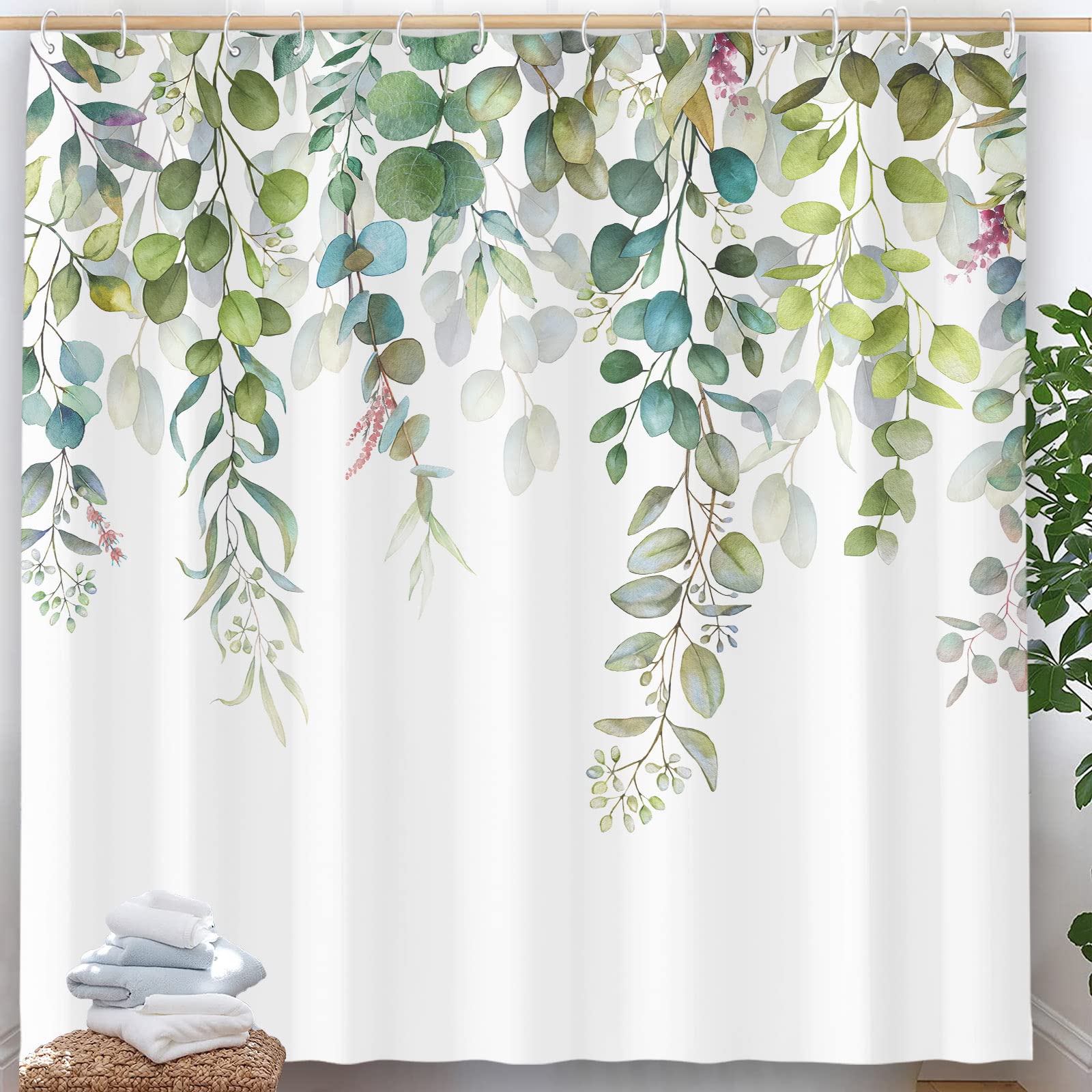 Zussun Long Green Eucalyptus Shower Curtain Watercolor Teal Plant Leaf Bathroom Shower Curtains Waterproof Fabric Botanical Flow