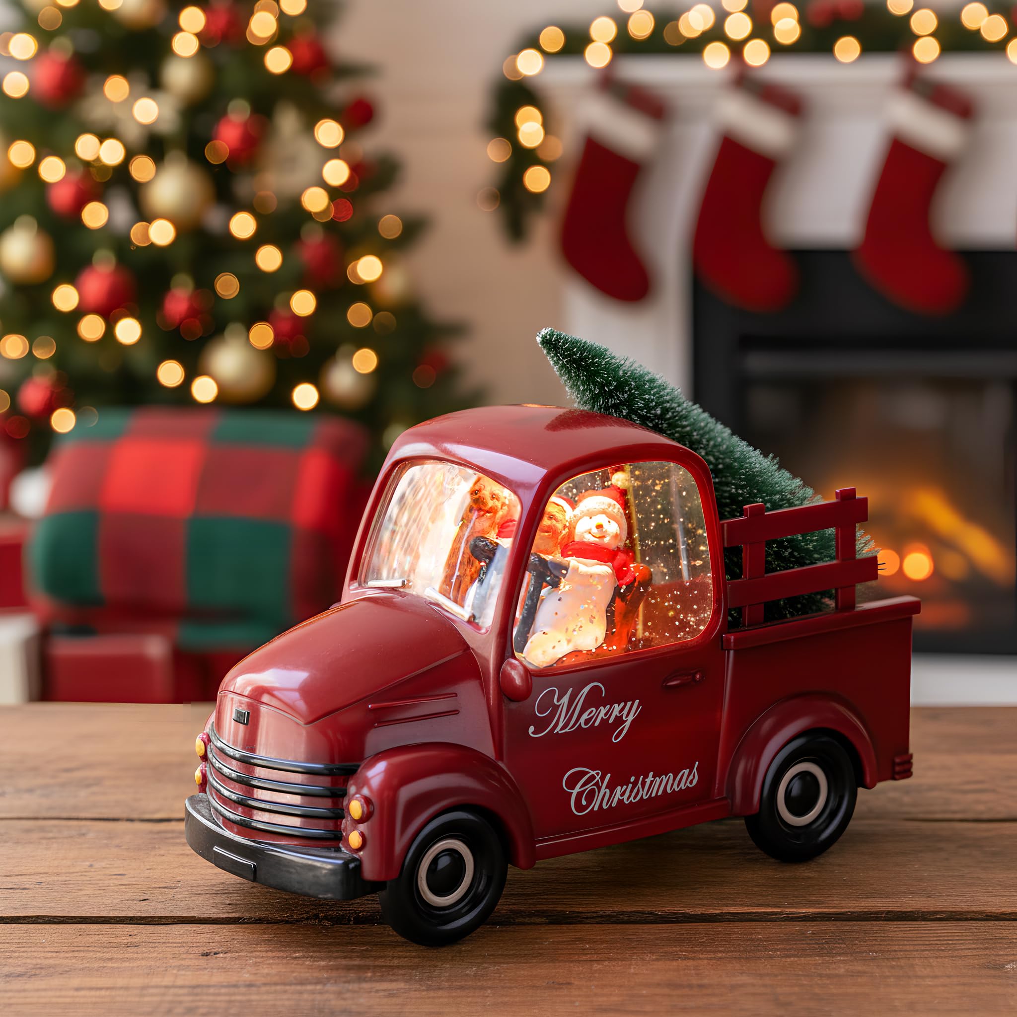 Qualdout Christmas Snow Water Lantern Glittering Snowman and Pup in Red Truck with Christmas Tree, USB Lined/Battery Operated Li
