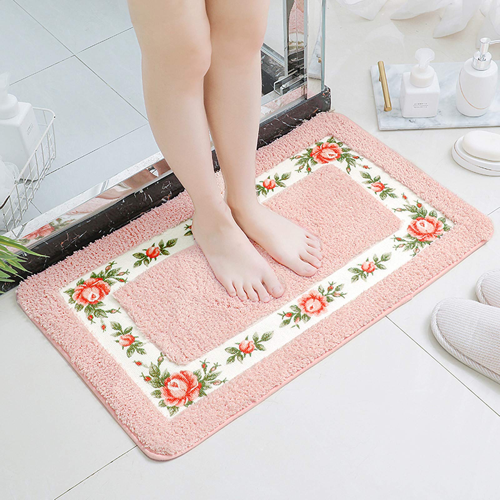 Ukeler Luxury Shaggy Pink Rose Bath Rugs Washable Non-Slip Bathroom Mat For Home And Hotel, 17.7''X29.5''