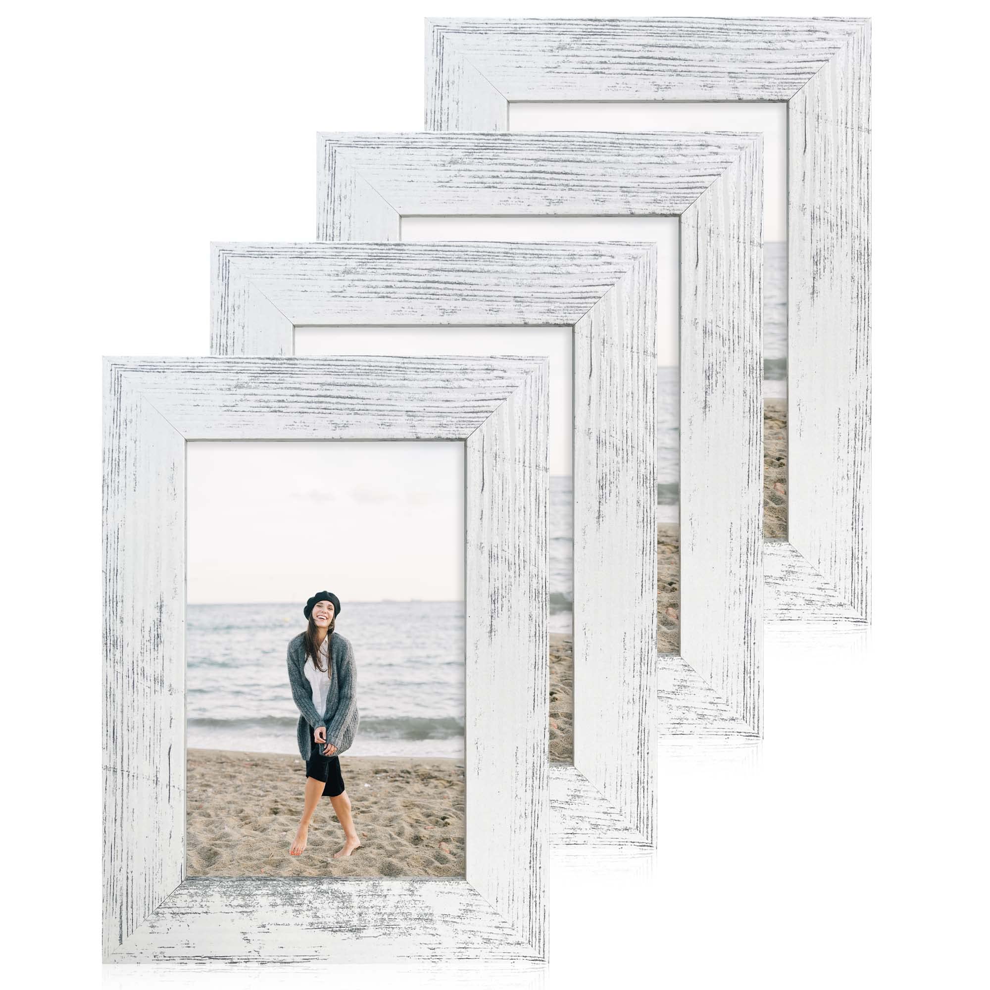 iRahmen 4X6 Picture Frame Distressed White with High Definition Glass 4 X 6 Photo Frames for Desktop Display and Wall Mounting.