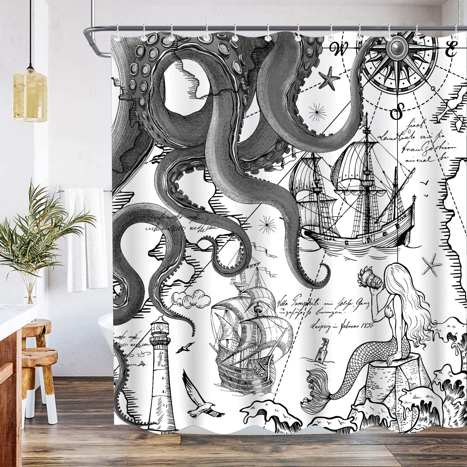 Fungarth Black Gray Nautical Octopus Shower Curtain Grey Mermaid Funny Ocean Kraken Shower Curtains For Bathroom Cool Anchor Coa