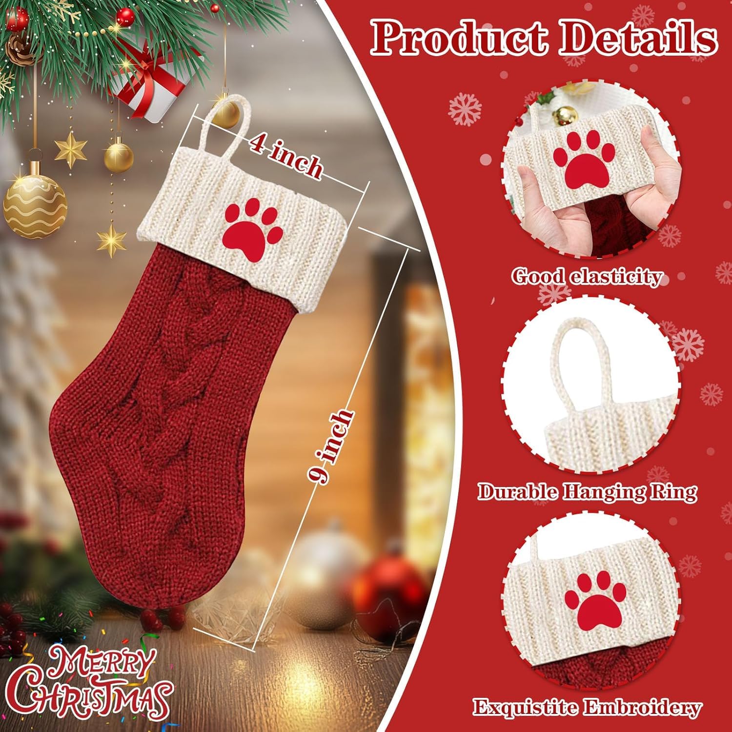 Dog Christmas Stocking, Pet Christmas Stockings with Embroidered Paw, 9 Inches Mini Red and White Knit Stocking for Dogs Cats, F