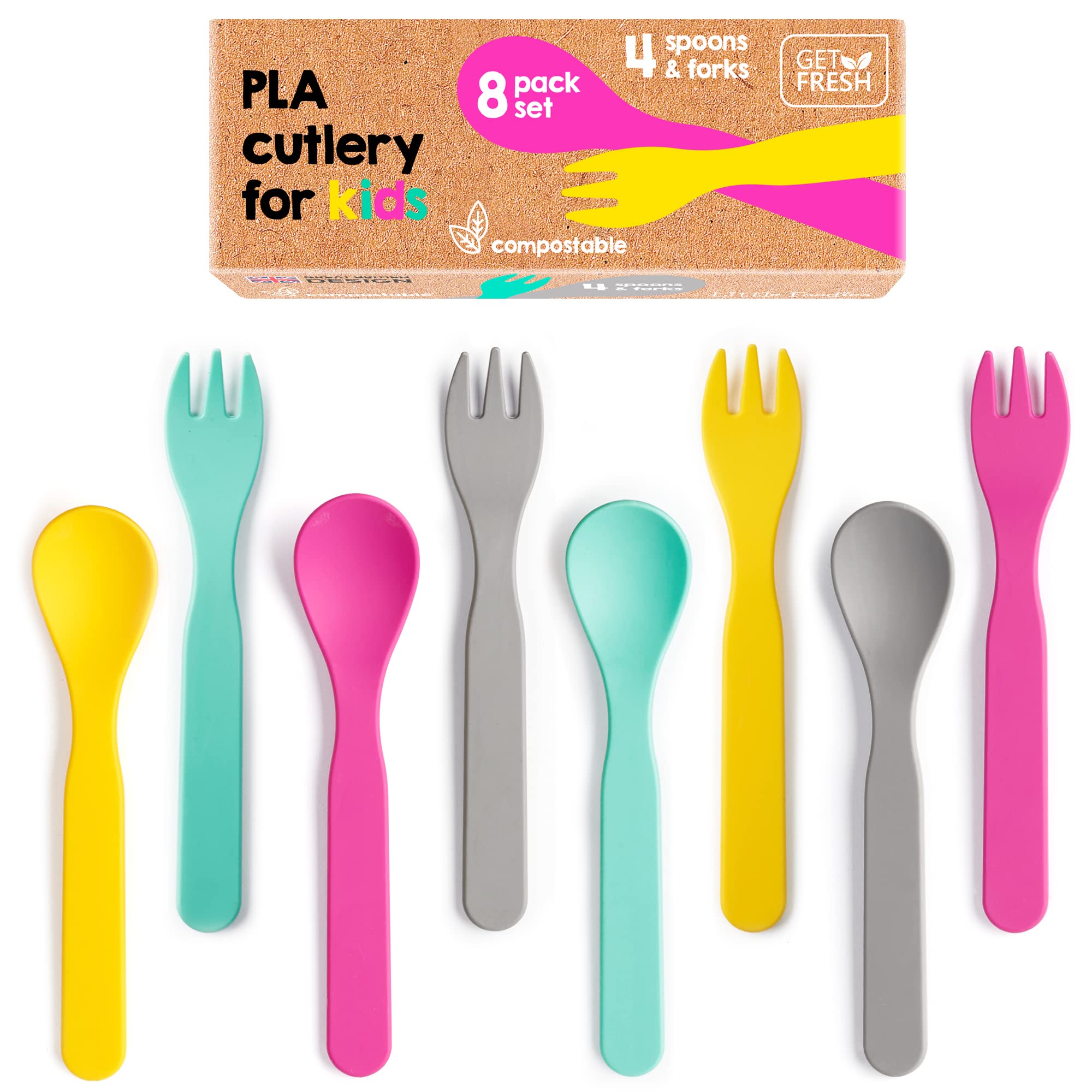 GET FRESH PLA Kids Spoons and Forks Set - 8-Pack Melamine Free Utensils for Kids & Toddlers - Biodegradable Childrens Cutlery Sp
