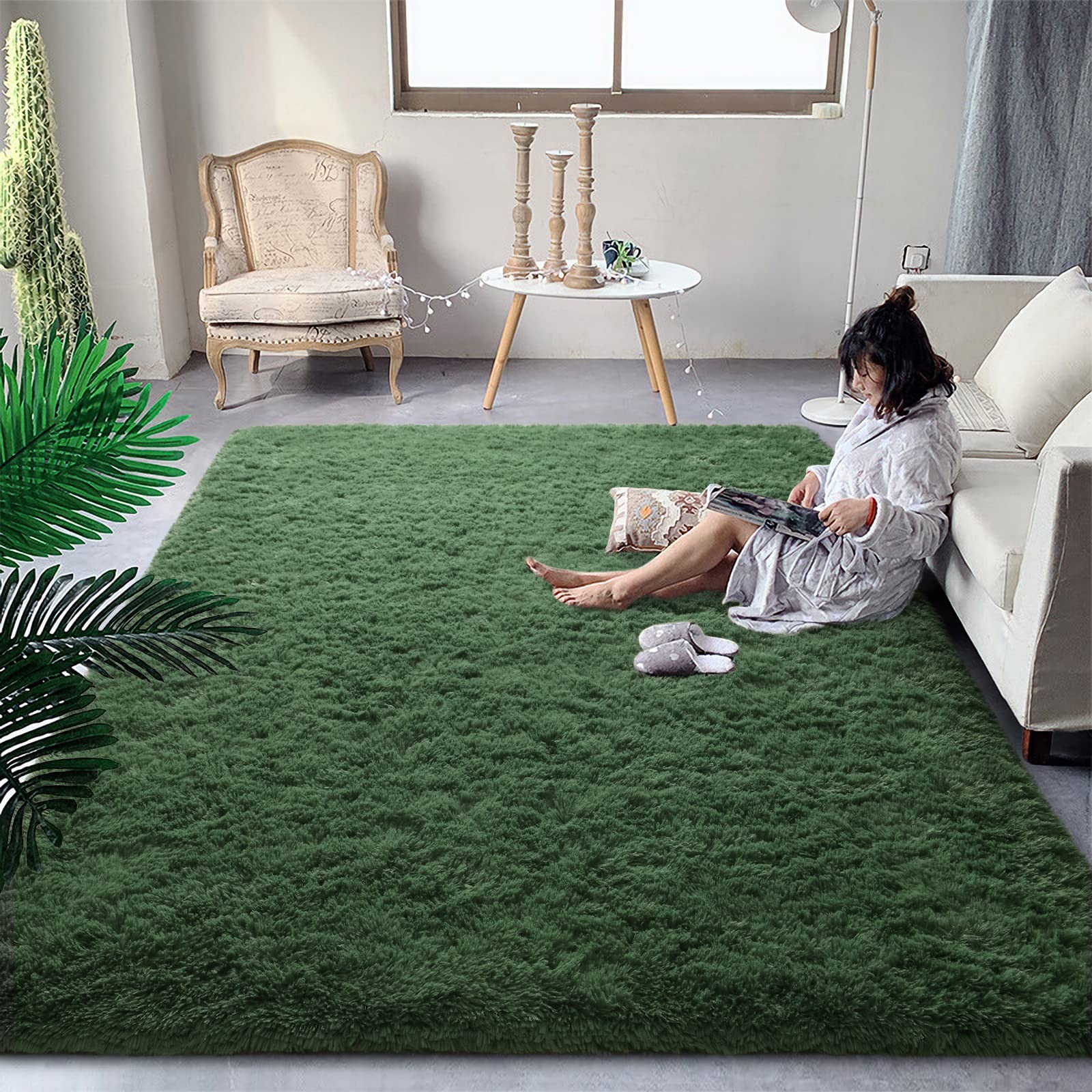 DweIke Super Soft Shaggy Rugs Fluffy Carpets, 3x5 ft, Dark Green Area Rug for Living Room Bedroom Girls Kids Room Nursery Home D