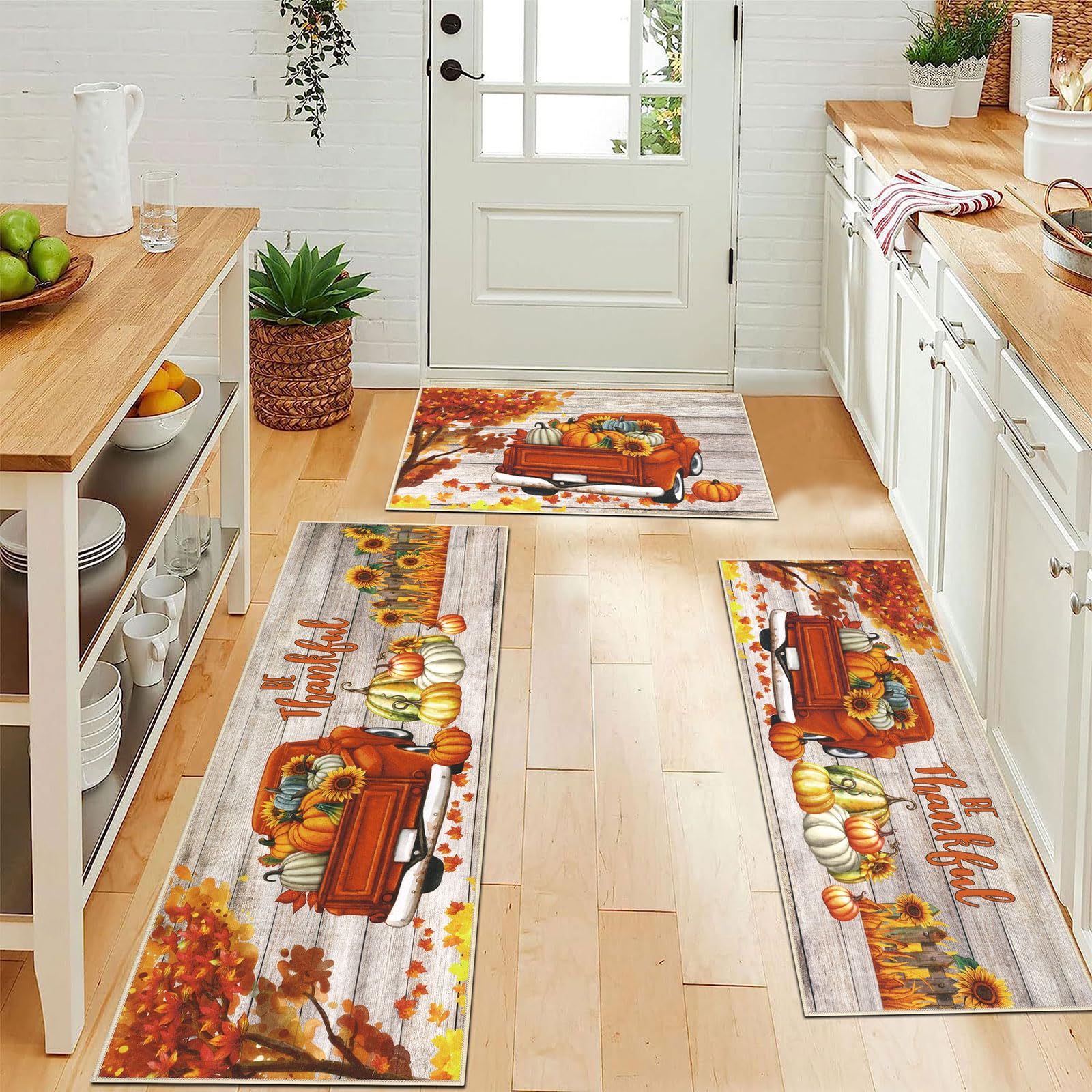U Artlines Fall Kitchen Rugs with Runner Sets 3 Piece Vintage Truck Seasonal Harvest Holiday Party Rugs and Mats Non Skid Washa