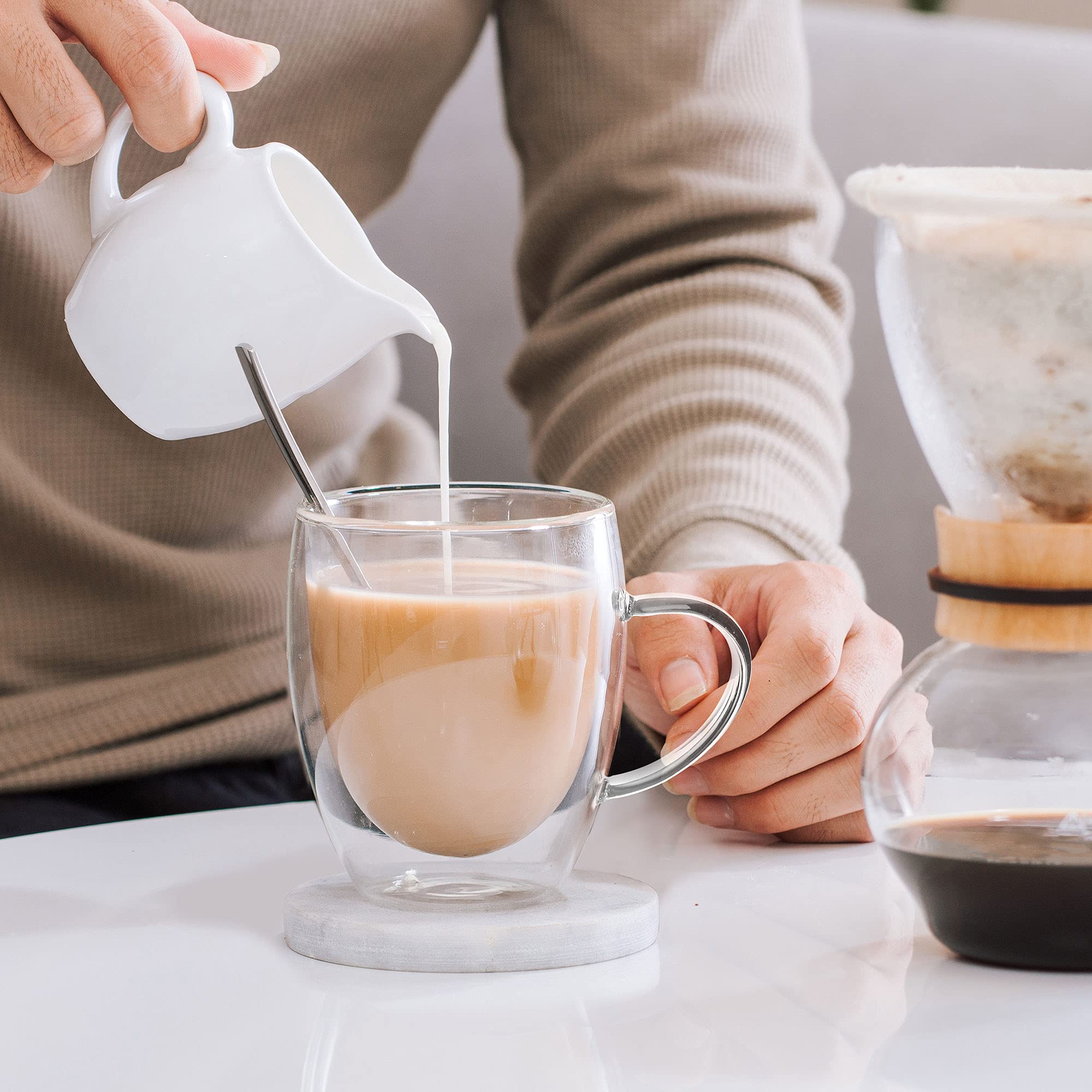 LIBWYS 6 Pack Double Walled coffee cups glasses Mugs  12oz Espresso cappuccino Latte Tea cups with Handle  Heat Resistant Borosilicate clear glasses 350ml