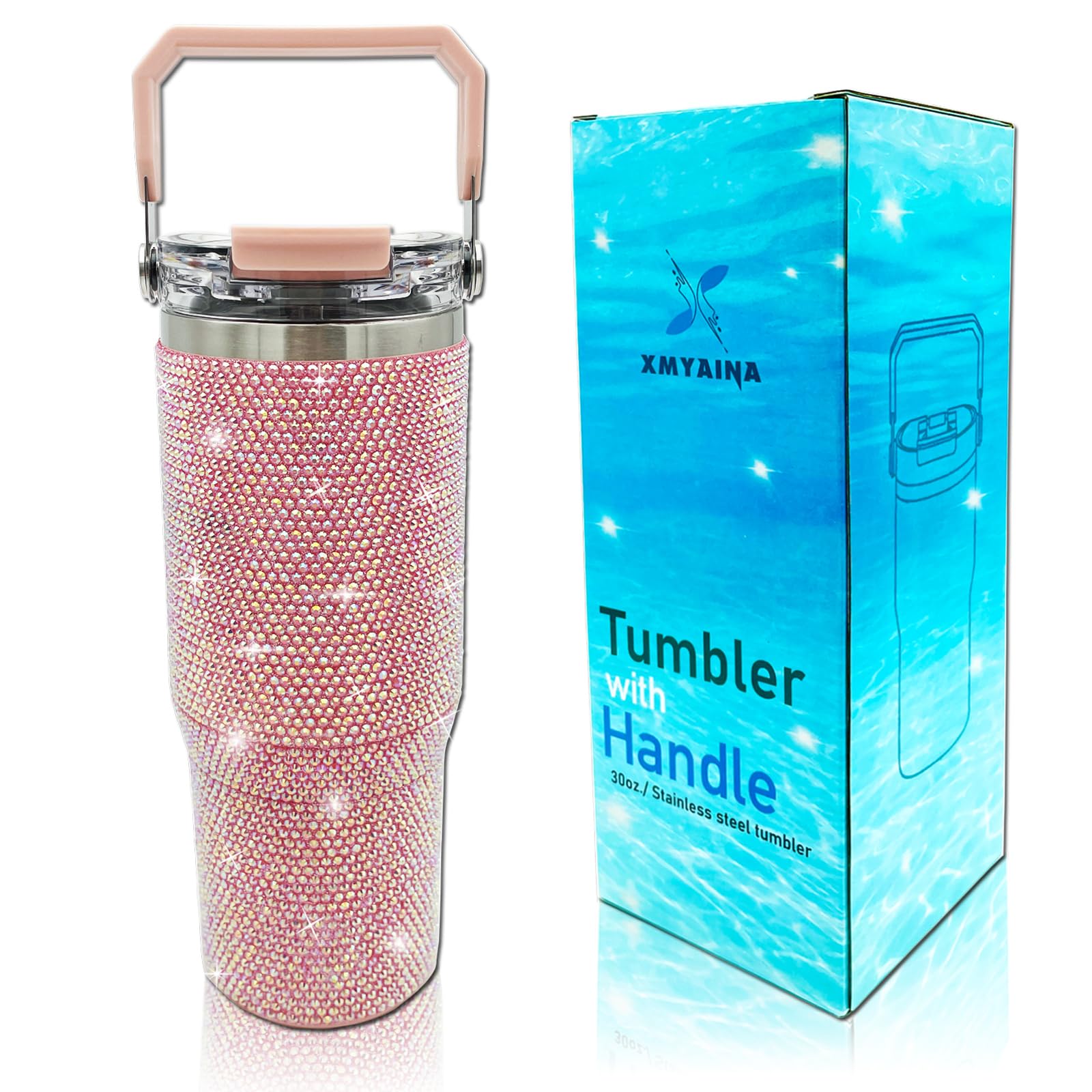 30oz Bling Rhinestone Studded Tumbler with Top Handle and Leakproof Lid Vacuum Insulated Stainless Steel Glitter Crystal Water B