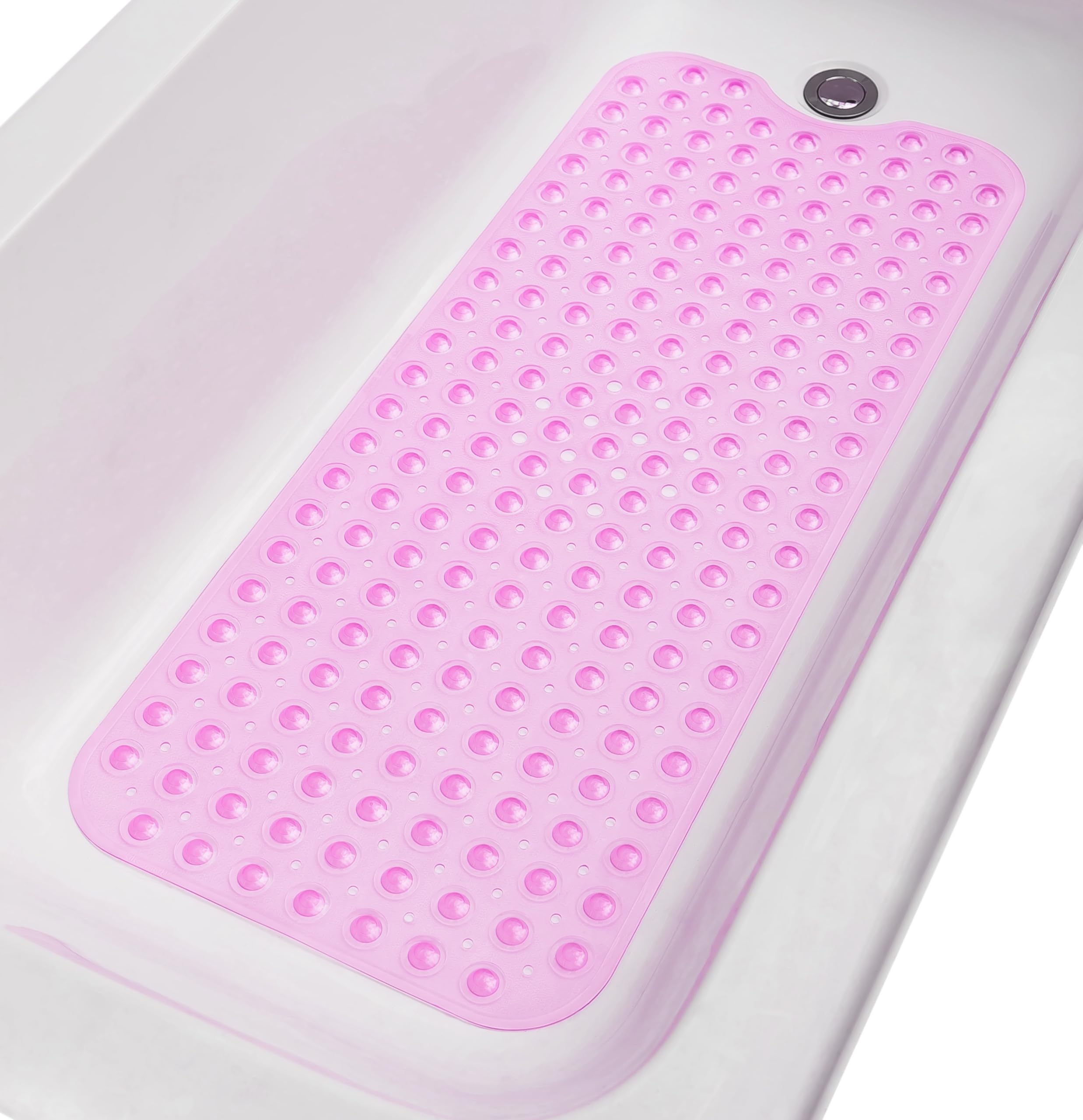 TIKE SMART Extra-Long Non-Slip Bathtub & Shower Mat 39?x16? (Smooth/Non-Textured Tubs Only) Safe  Clean  Machine-Washable  Superior Grip&Drainage  Vinyl  Transparent Pink