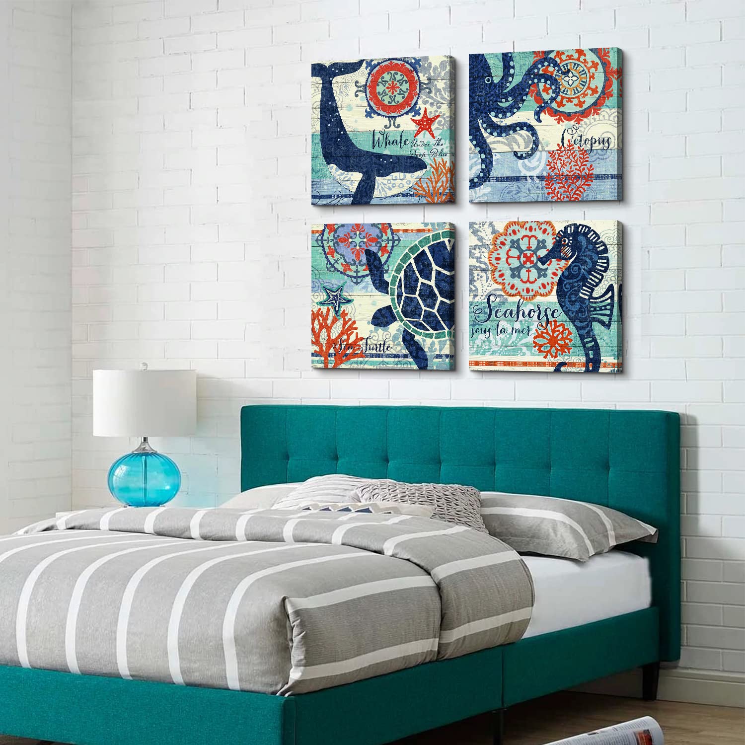 4 Panel Teal Blue Home Wall Art Decor Framed Artwork For Bathroom Living Room Canvas Print Beach Coastal Sea Turtle Octopus Seah