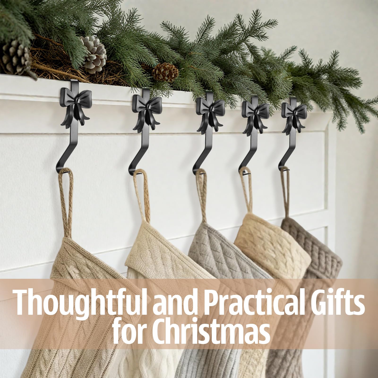 Shimeyao 8 Pcs Black Bow Christmas Stocking Holder Heavy Duty Cast Iron Stocking Hooks Non-Slip Fireplace Hangers Xmas Bow Decor