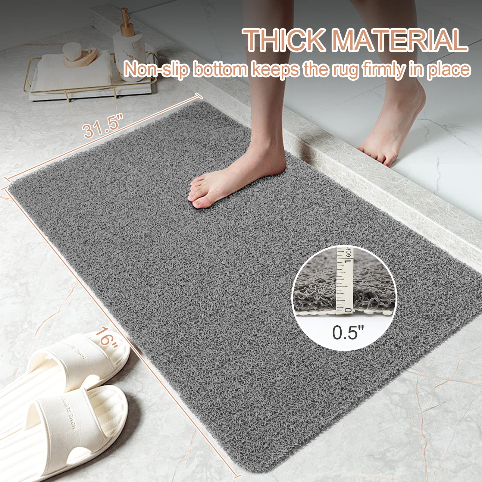 joyhalo Non-Slip Shower Mat, 17" x 30", Grey, PVC Loofah Material, Anti-Slip for Elderly, Rectangular Bath Mat